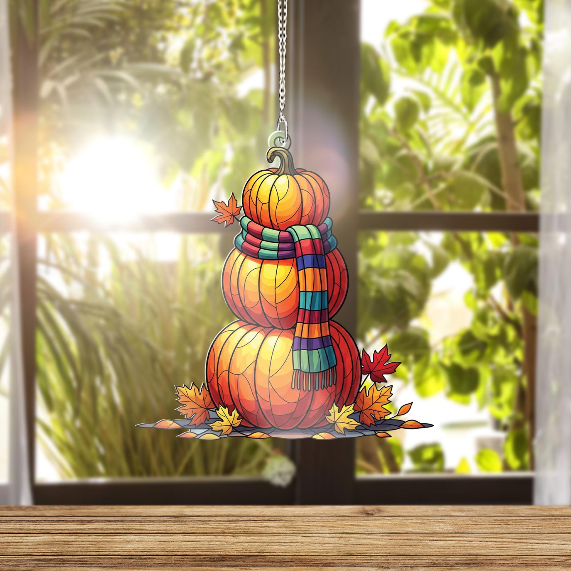 Pumpkin Snowman Window Hanging – Faux Stained Glass Fall Suncatcher, Autumn Leaf Decor, Cozy Harvest Thanksgiving Home Decoration