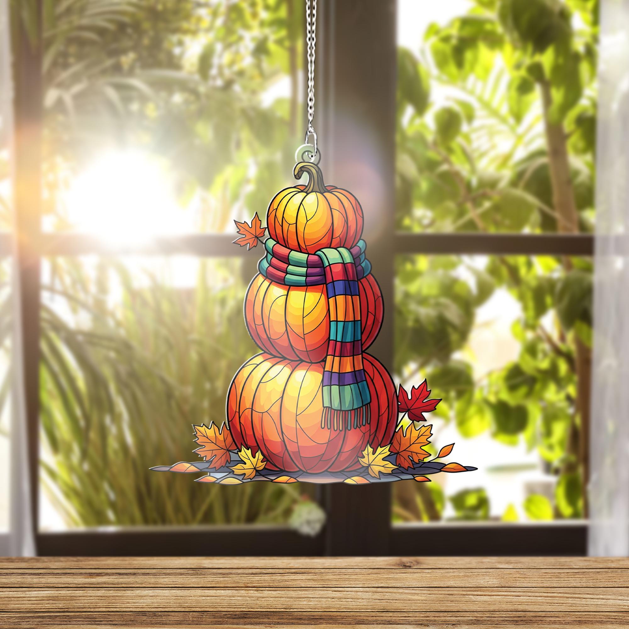 Pumpkin Snowman Window Hanging – Faux Stained Glass Fall Suncatcher, Autumn Leaf Decor, Cozy Harvest Thanksgiving Home Decoration