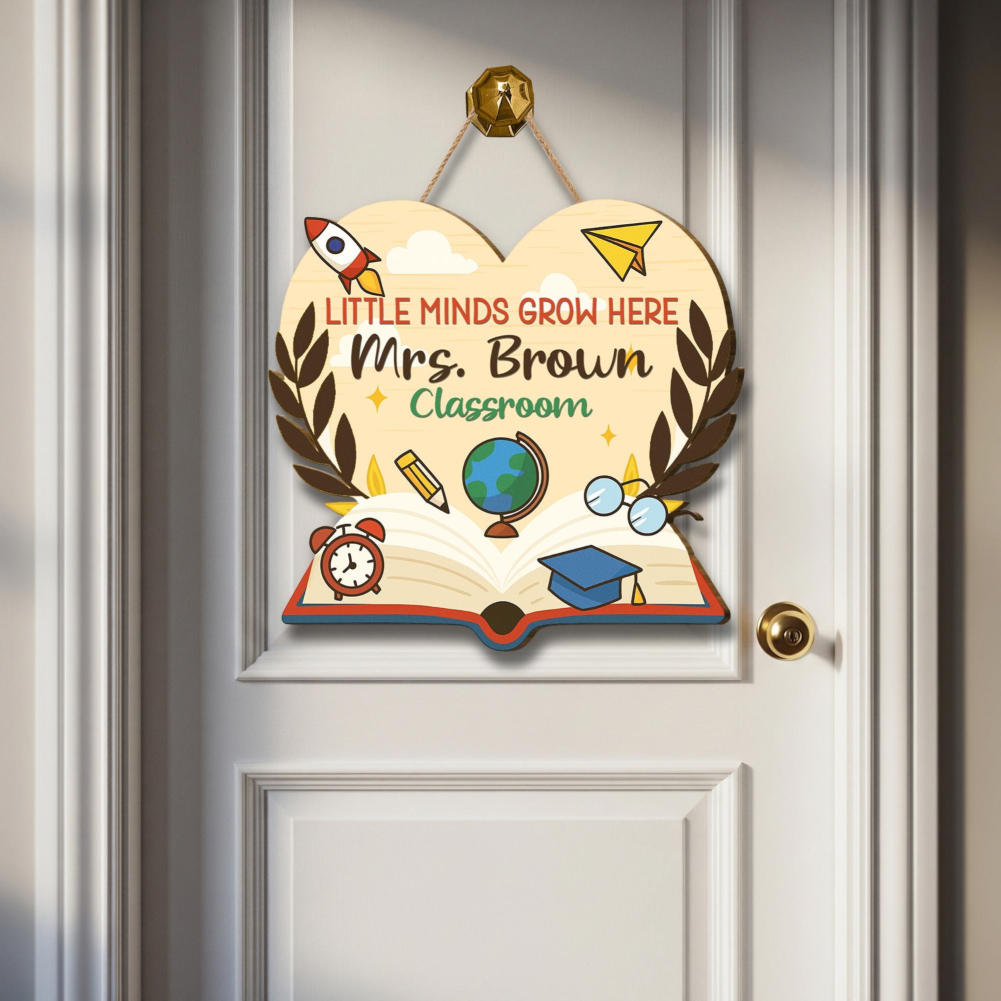 Personalized Teacher Door Sign, Little Minds Grow Here Classroom Decor, Heart-Shaped Back to School Sign, Custom Name Globe Book Gift