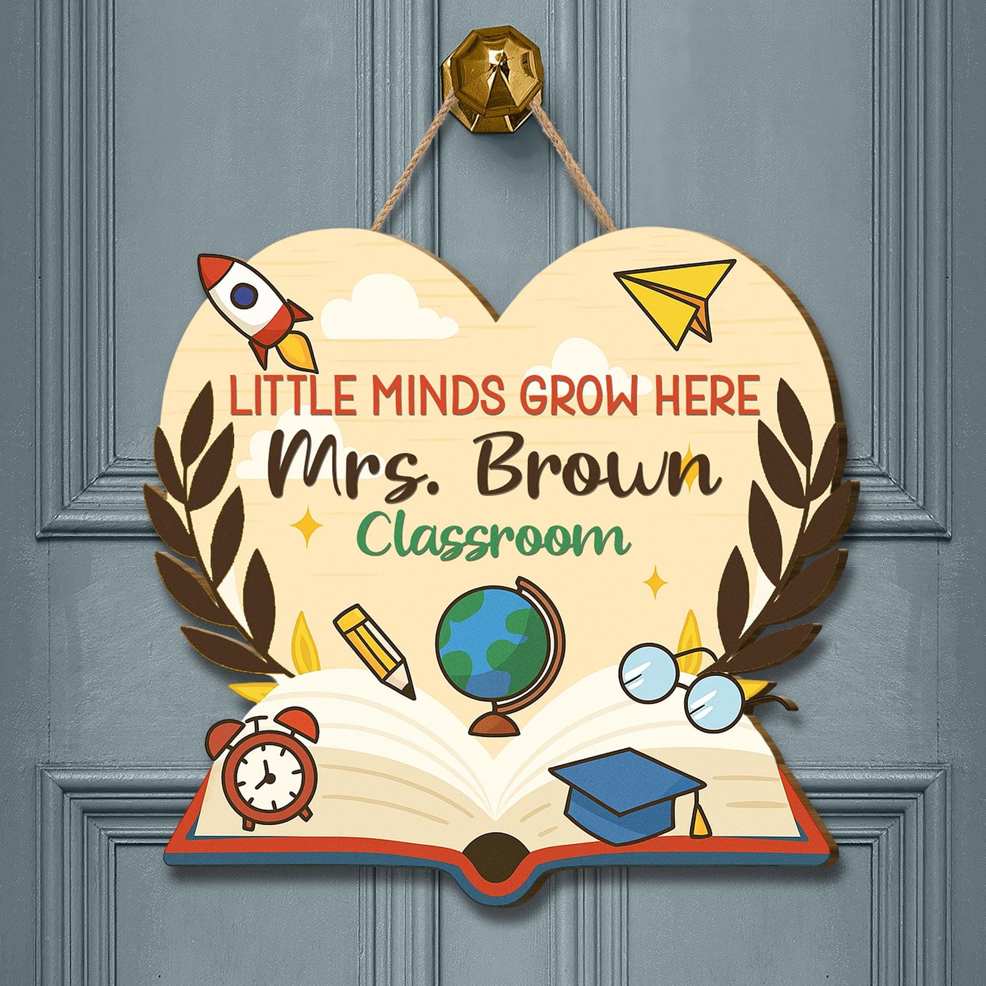 Personalized Teacher Door Sign, Little Minds Grow Here Classroom Decor, Heart-Shaped Back to School Sign, Custom Name Globe Book Gift
