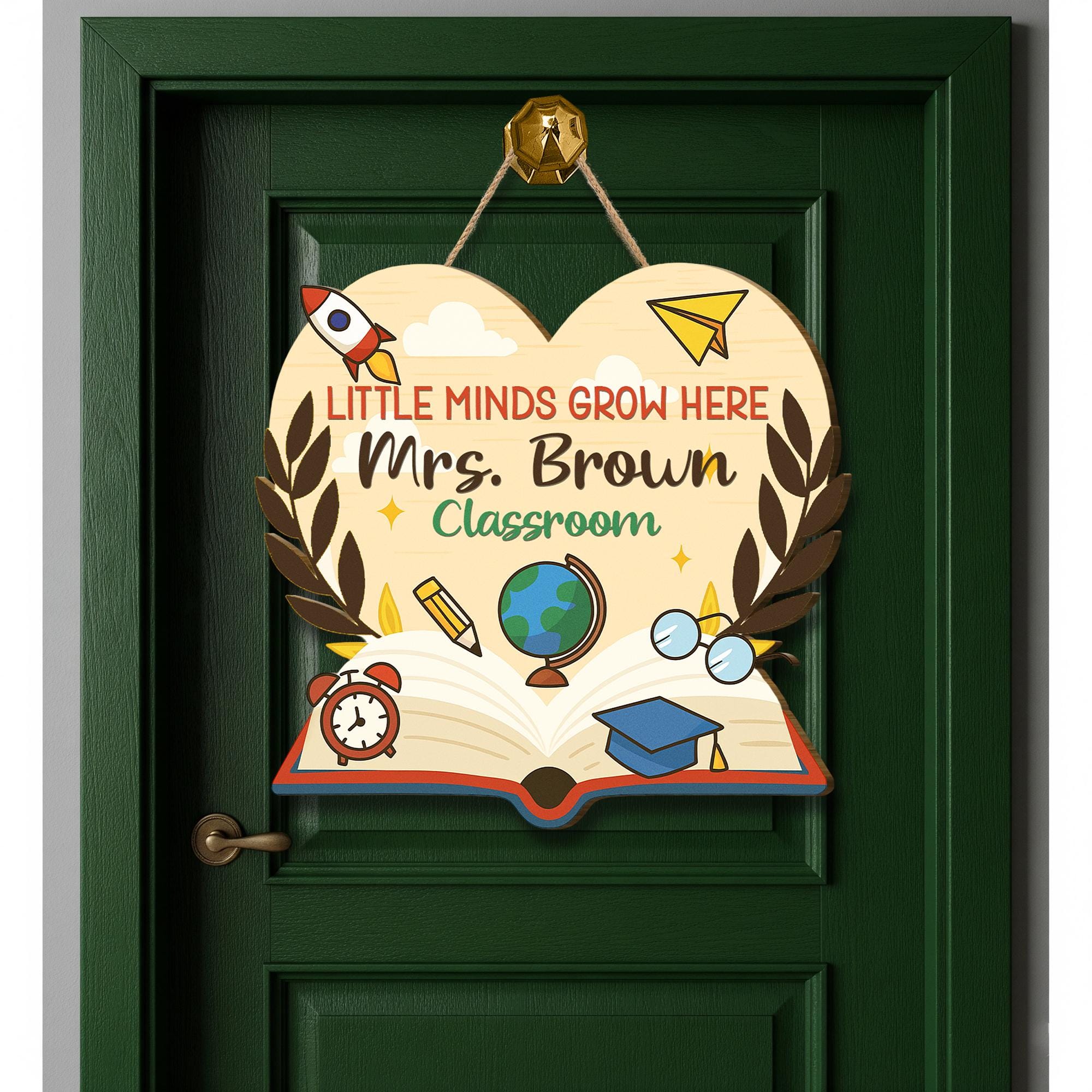 Personalized Teacher Door Sign, Little Minds Grow Here Classroom Decor, Heart-Shaped Back to School Sign, Custom Name Globe Book Gift