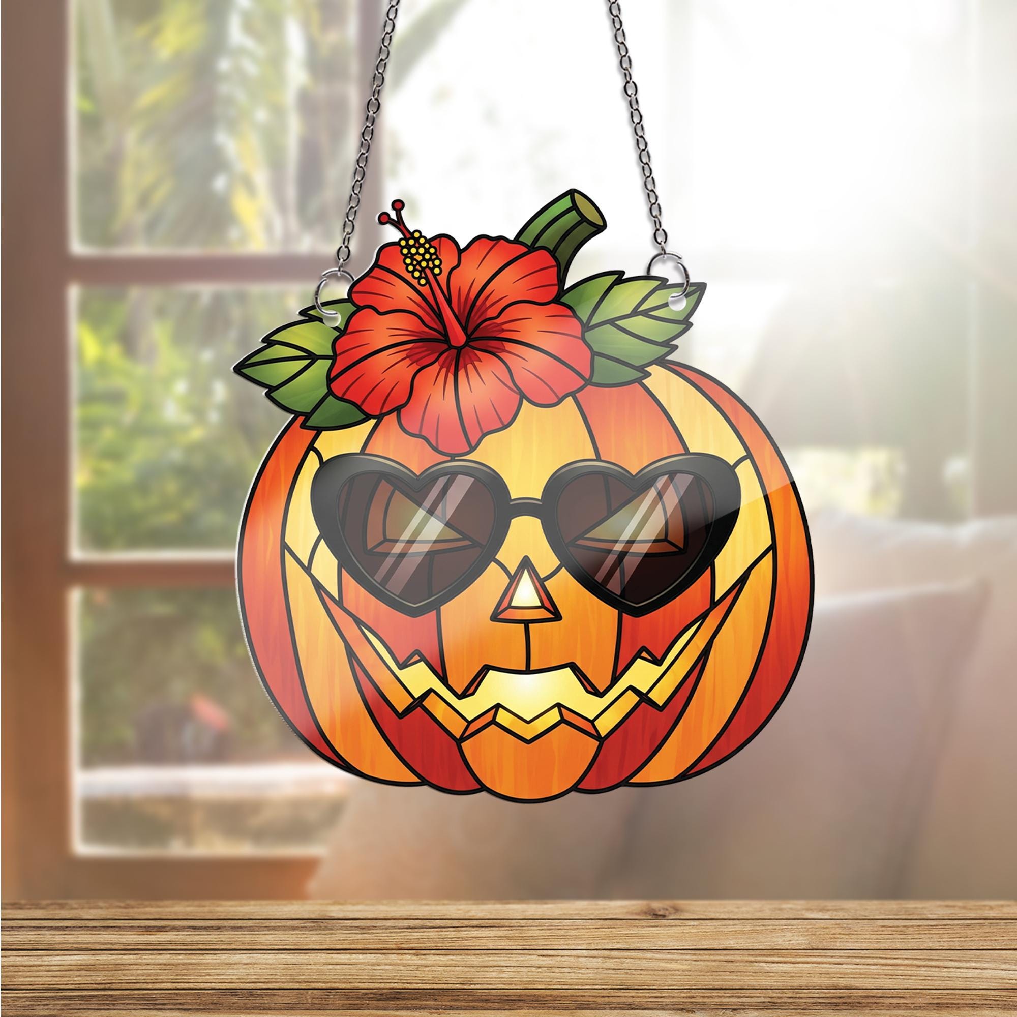 Tropical Pumpkin Window Hanging – Faux Stained Glass Suncatcher with Hibiscus and Sunglasses, Summer Halloween Fall Decor