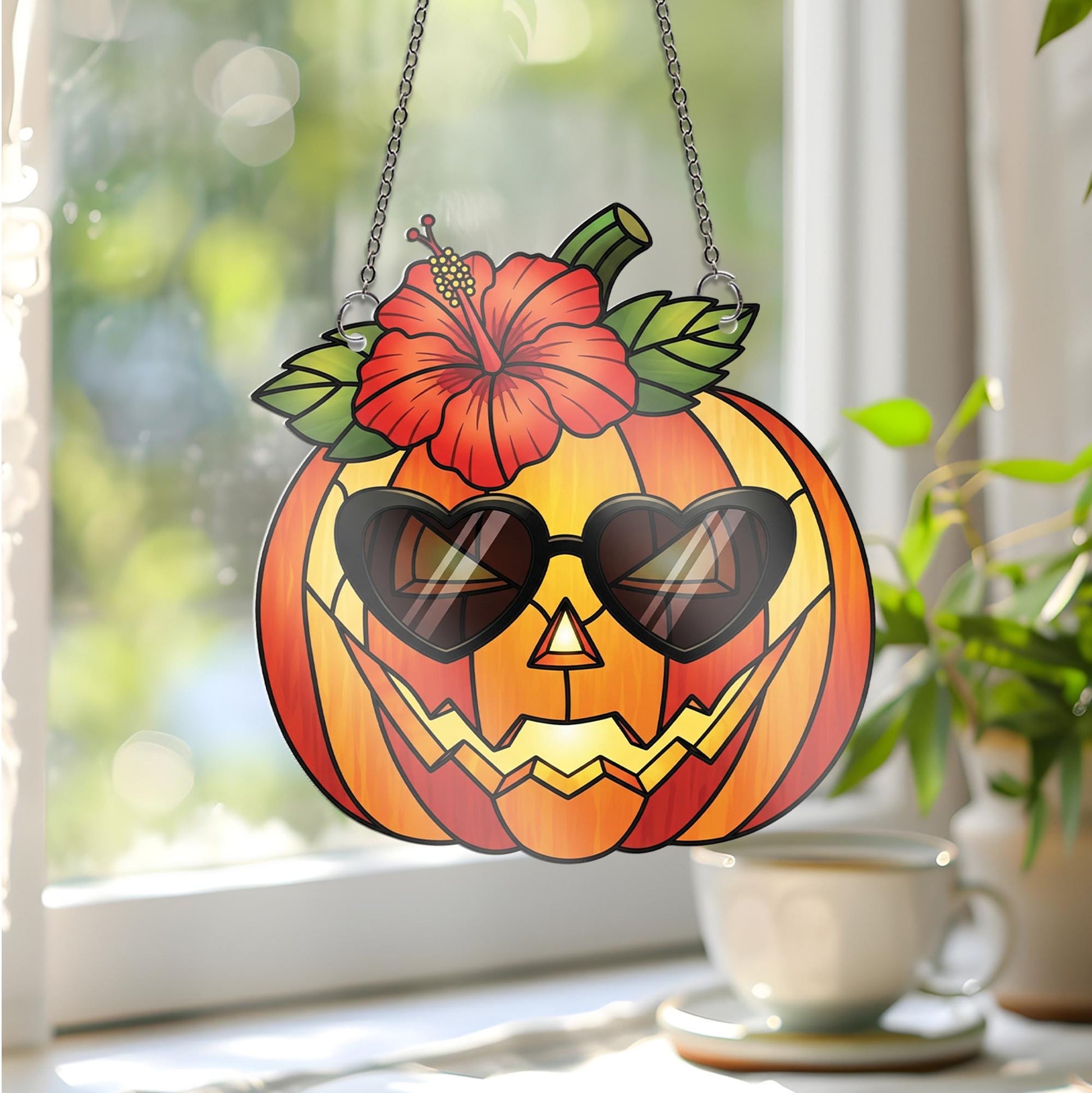 Tropical Pumpkin Window Hanging – Faux Stained Glass Suncatcher with Hibiscus and Sunglasses, Summer Halloween Fall Decor
