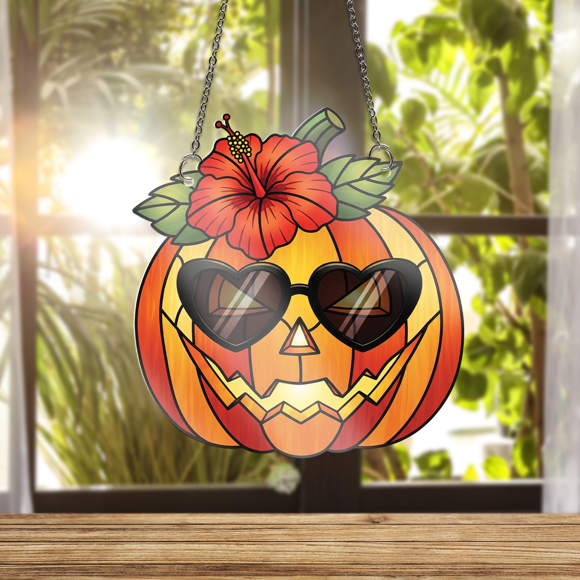 Tropical Pumpkin Window Hanging – Faux Stained Glass Suncatcher with Hibiscus and Sunglasses, Summer Halloween Fall Decor