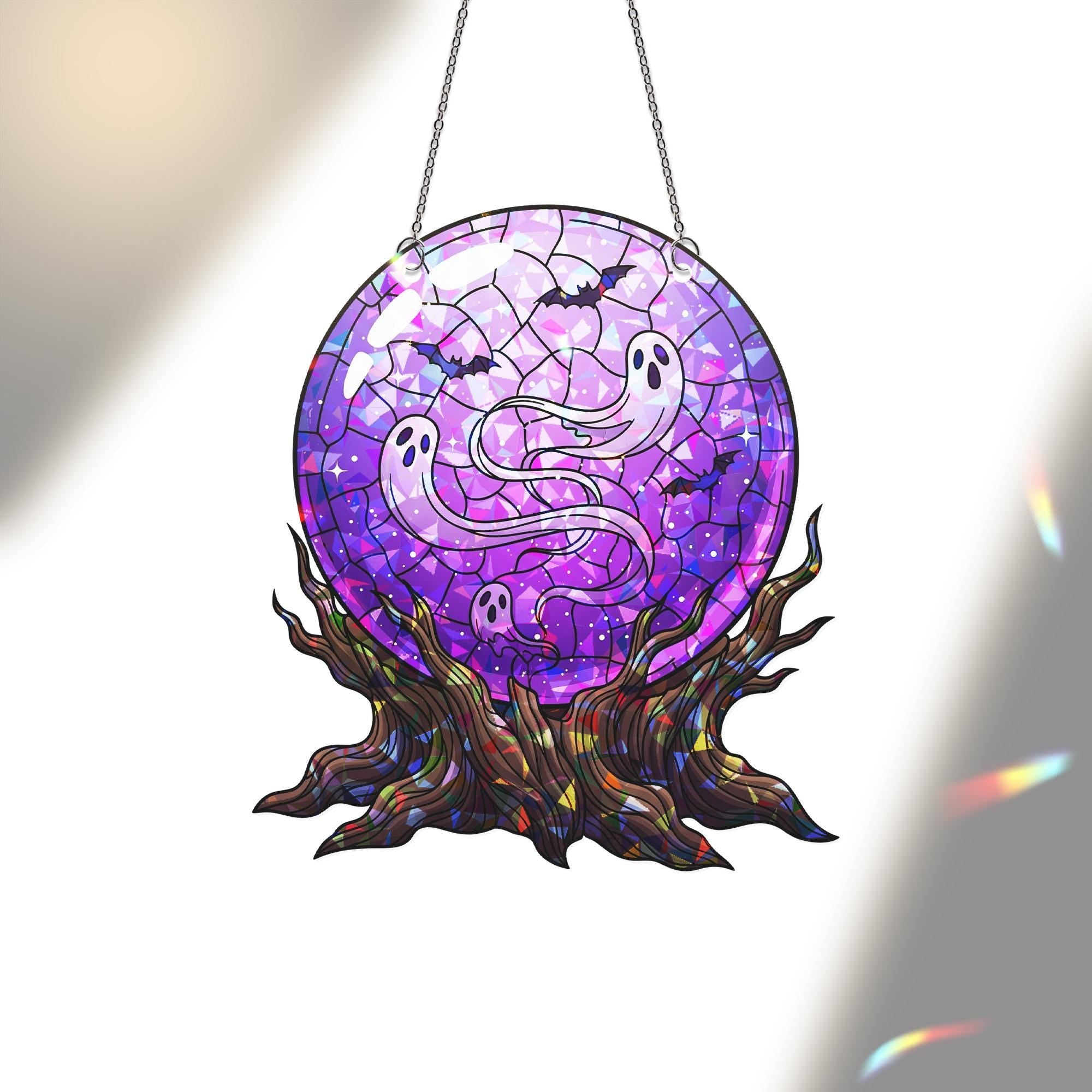 Ghost Crystal Ball Window Hanging – Faux Stained Glass Halloween Suncatcher with Bats and Purple Stars, Spooky Witchy Decor