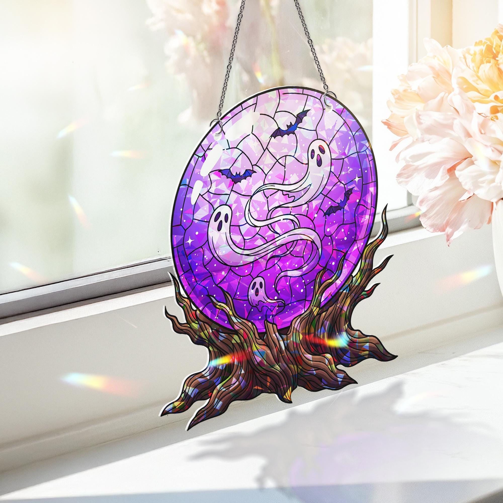 Ghost Crystal Ball Window Hanging – Faux Stained Glass Halloween Suncatcher with Bats and Purple Stars, Spooky Witchy Decor