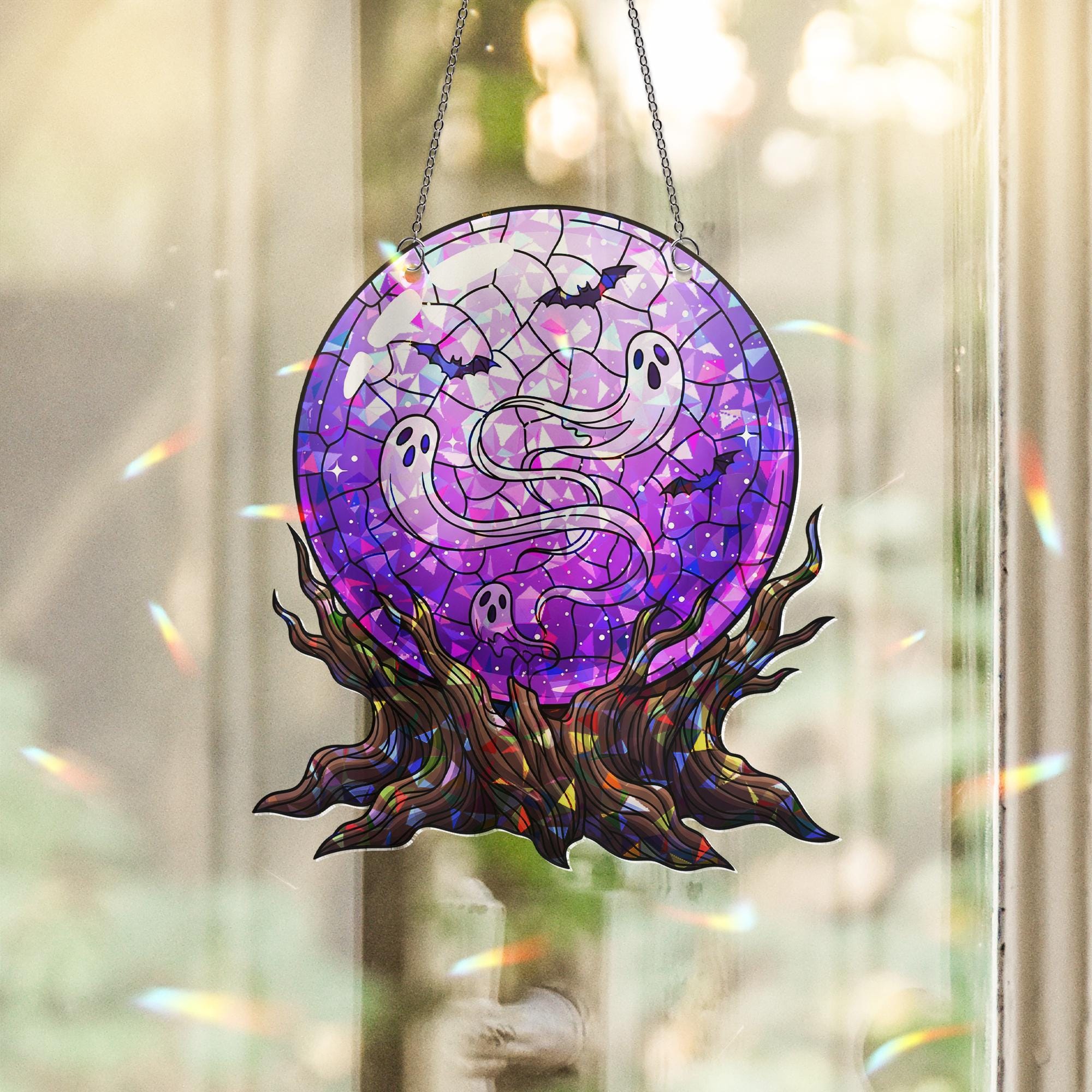 Ghost Crystal Ball Window Hanging – Faux Stained Glass Halloween Suncatcher with Bats and Purple Stars, Spooky Witchy Decor
