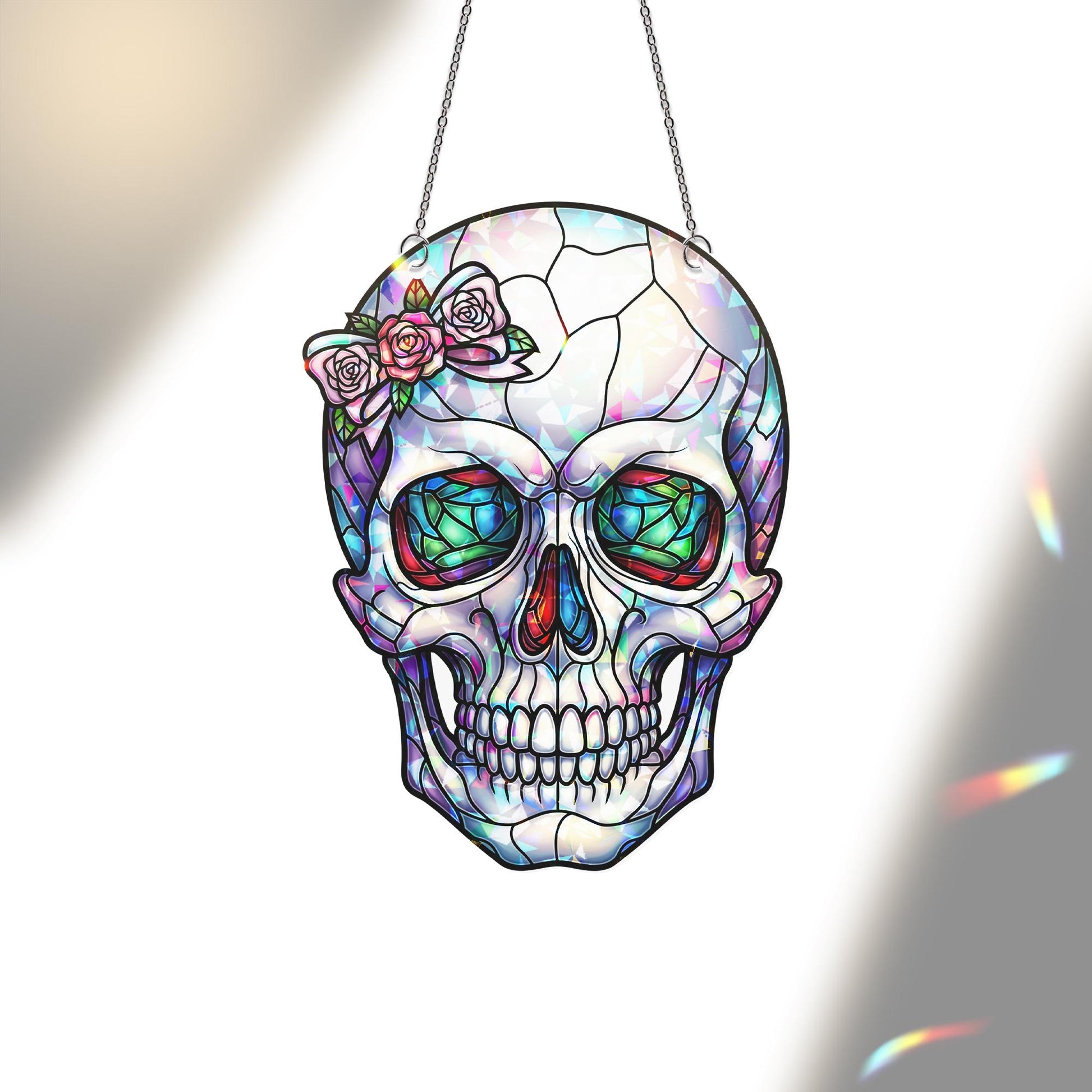 Floral Skull Window Hanging – Faux Stained Glass Gothic Suncatcher with Roses, Holographic Skeleton Art, Halloween Witchy Decor