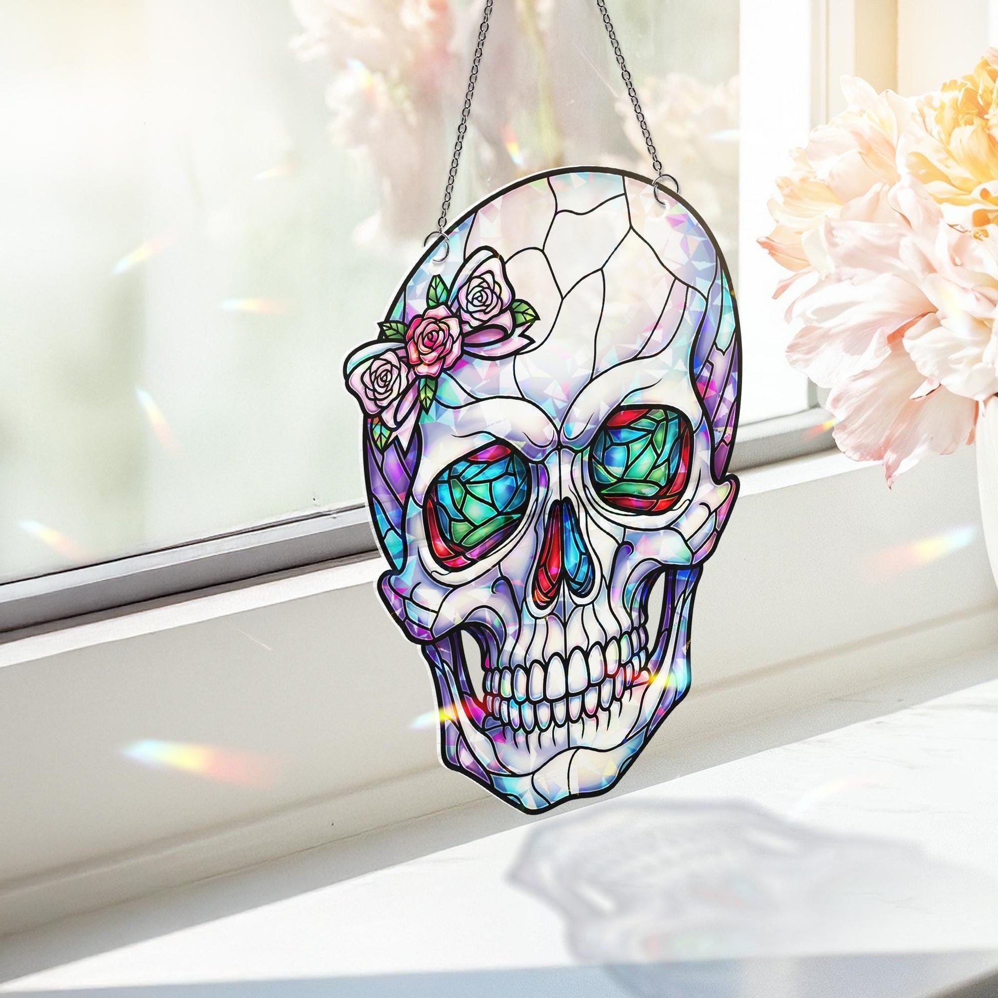 Floral Skull Window Hanging – Faux Stained Glass Gothic Suncatcher with Roses, Holographic Skeleton Art, Halloween Witchy Decor