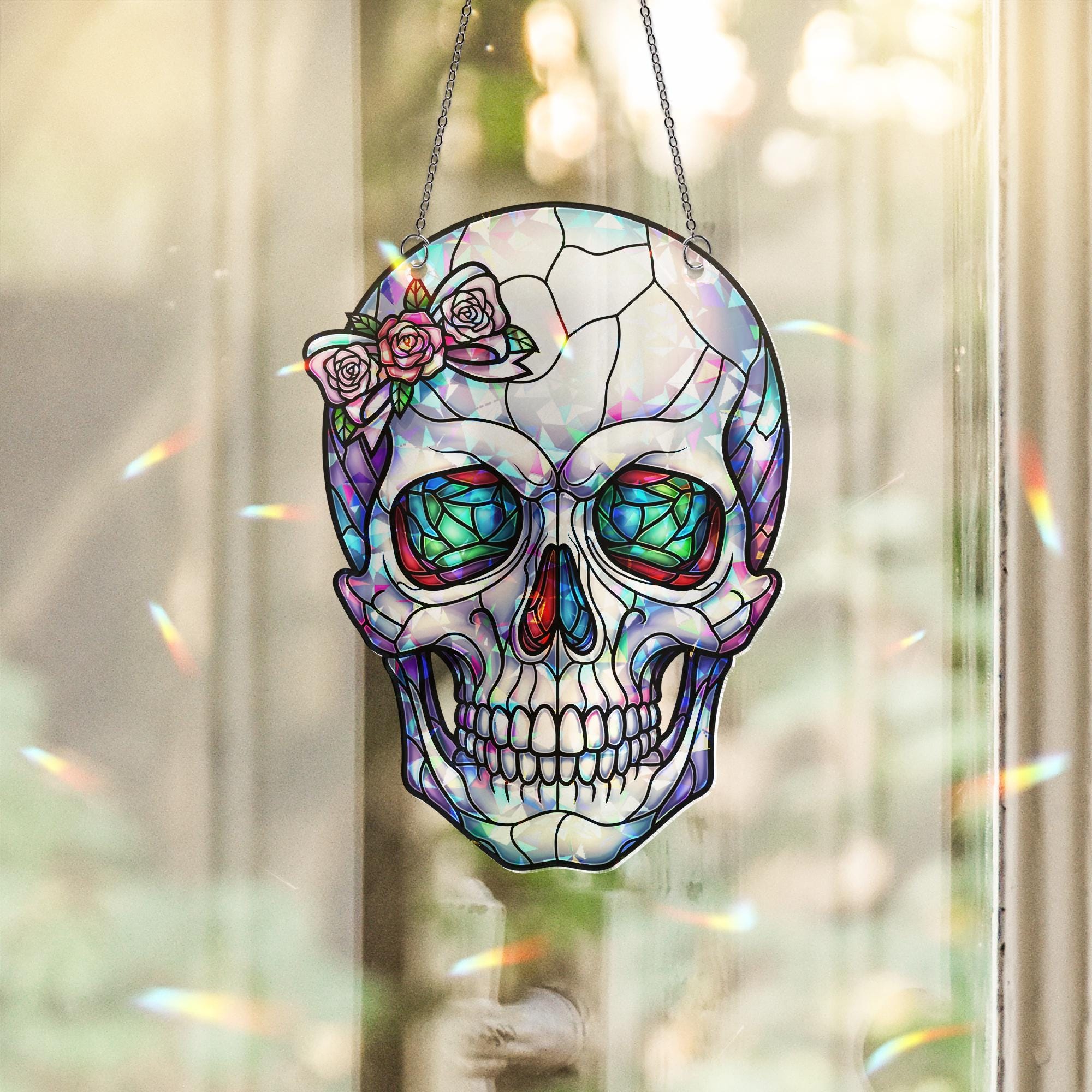 Floral Skull Window Hanging – Faux Stained Glass Gothic Suncatcher with Roses, Holographic Skeleton Art, Halloween Witchy Decor