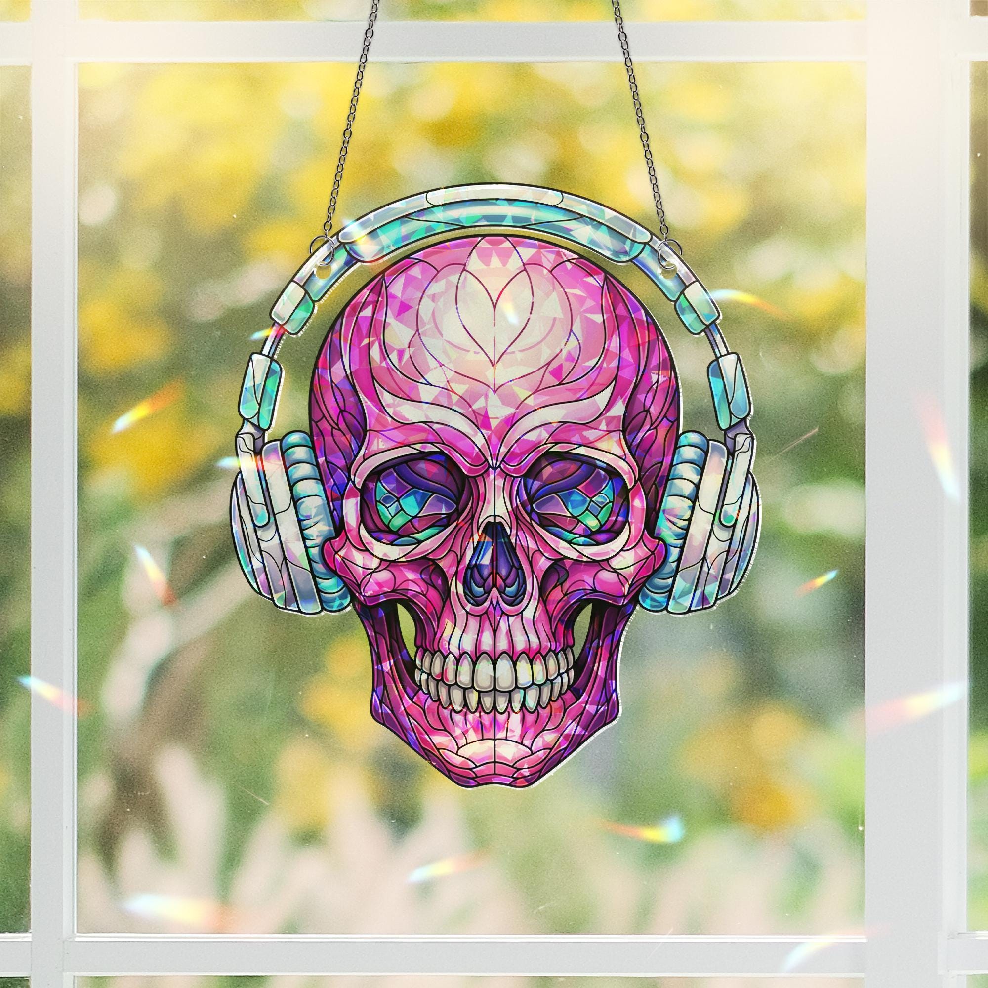 Pink Skull with Headphones Window Hanging – Faux Stained Glass Music Lover Suncatcher, Gothic Decor, Holographic Skull Art Gift