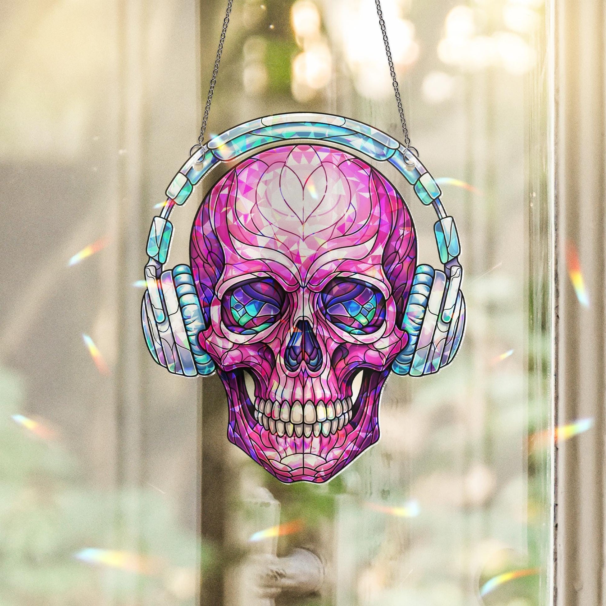 Pink Skull with Headphones Window Hanging – Faux Stained Glass Music Lover Suncatcher, Gothic Decor, Holographic Skull Art Gift