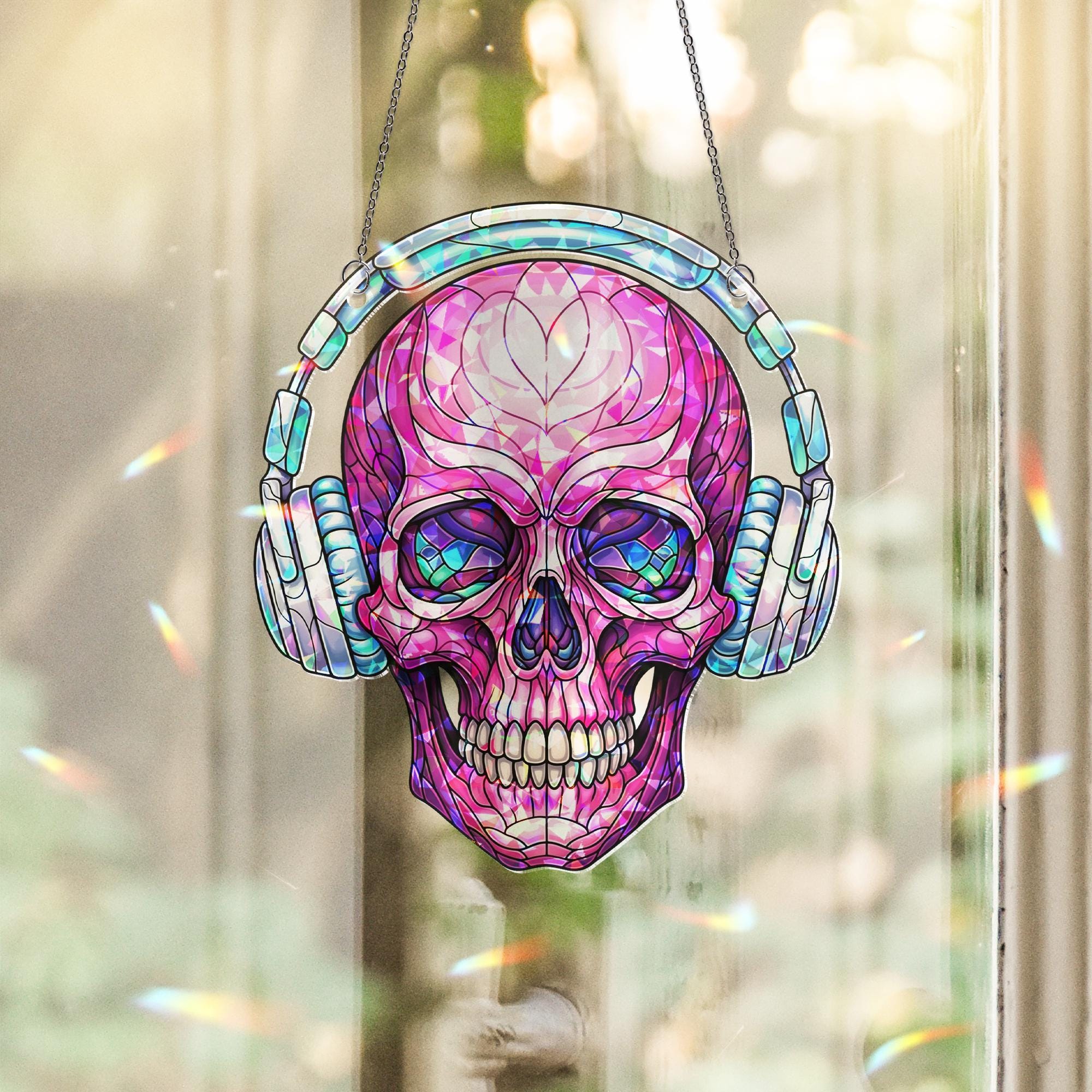 Pink Skull with Headphones Window Hanging – Faux Stained Glass Music Lover Suncatcher, Gothic Decor, Holographic Skull Art Gift