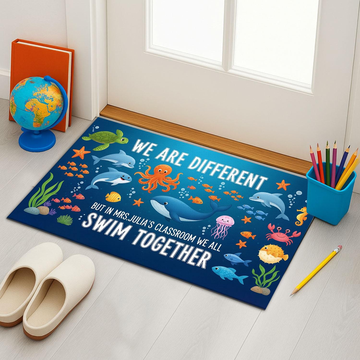 Different Bit In This Classroom We Swim Together Classroom Doormat, Ocean Rug, Teacher Welcome Mat, Sea Animal Diversity Rug, Teacher Gift