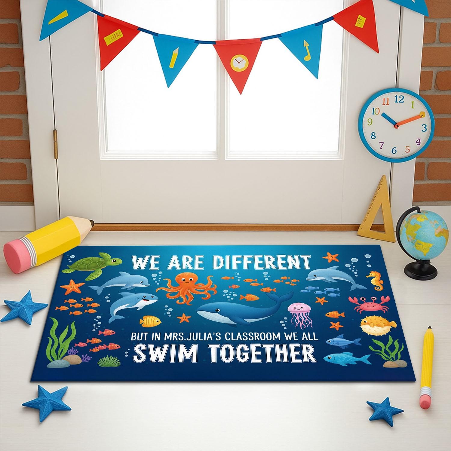 Different Bit In This Classroom We Swim Together Classroom Doormat, Ocean Rug, Teacher Welcome Mat, Sea Animal Diversity Rug, Teacher Gift