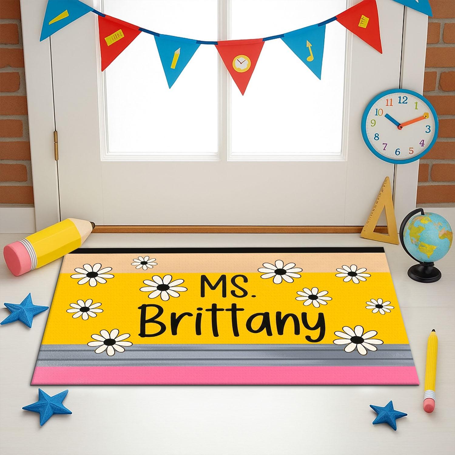 Personalized Teacher Doormat, Daisy Floral Classroom Rug, Custom Name School Mat, Cute Welcome Mat for Teachers, Bright Door Decor