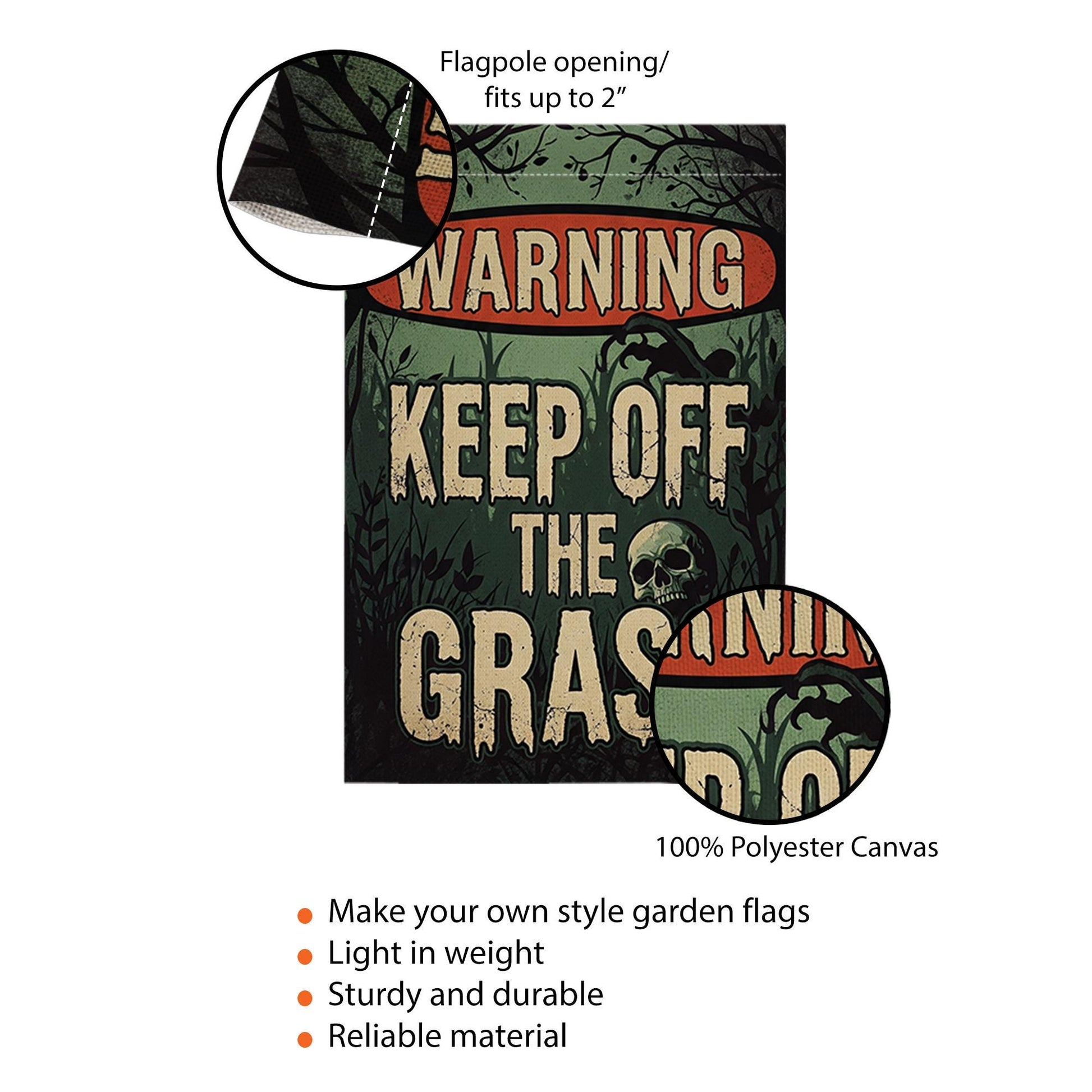 Warning Keep Off the Grass Halloween Garden Flag – Funny Spooky Yard Sign, Outdoor Lawn Decor, Creepy Fall Decoration with Skull