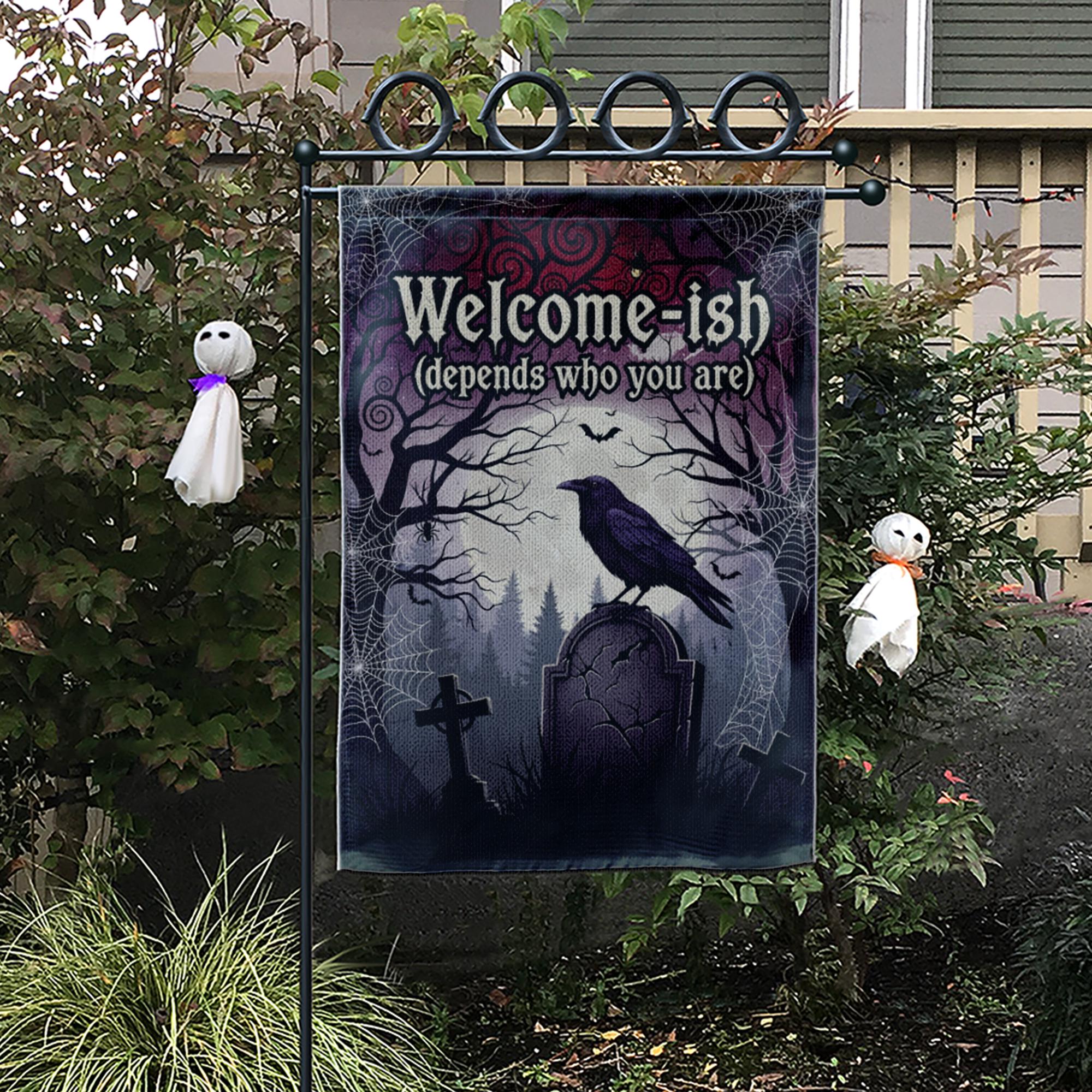 Welcome-ish Halloween Garden Flag – Funny Gothic Yard Sign with Raven and Tombstone, Spooky Outdoor Decor for Haunted Homes
