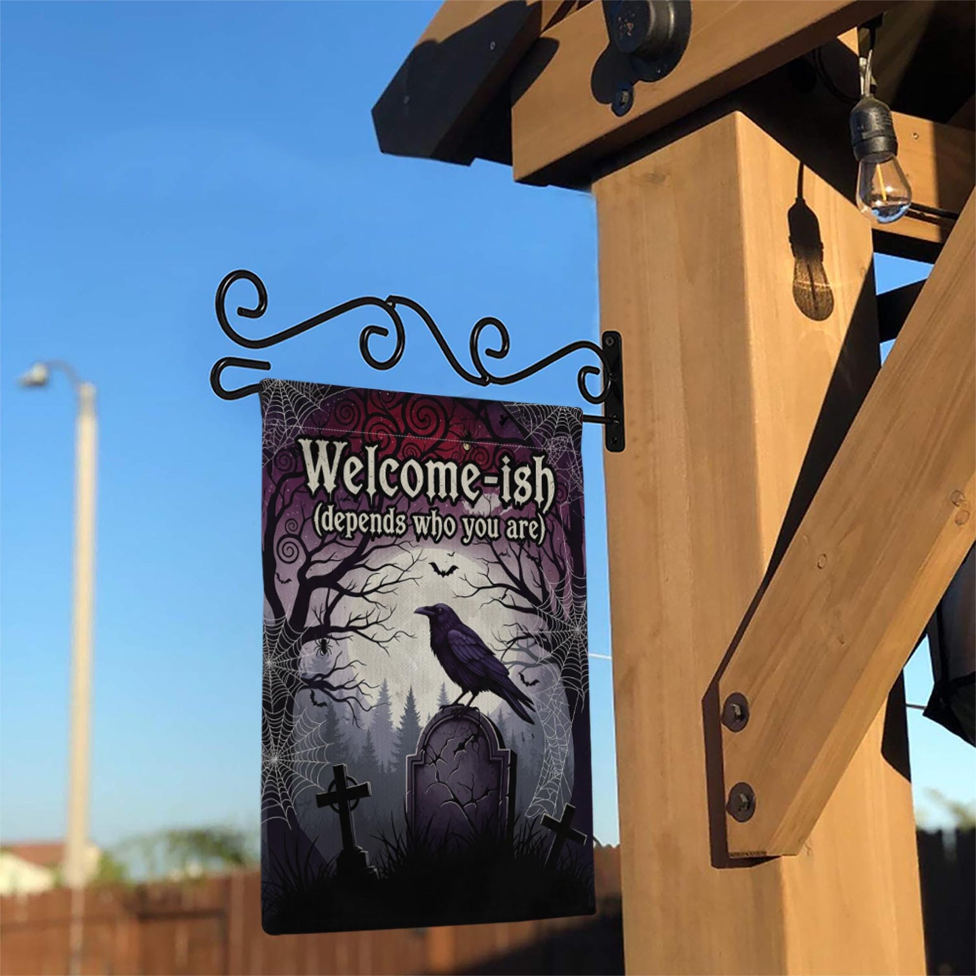 Welcome-ish Halloween Garden Flag – Funny Gothic Yard Sign with Raven and Tombstone, Spooky Outdoor Decor for Haunted Homes