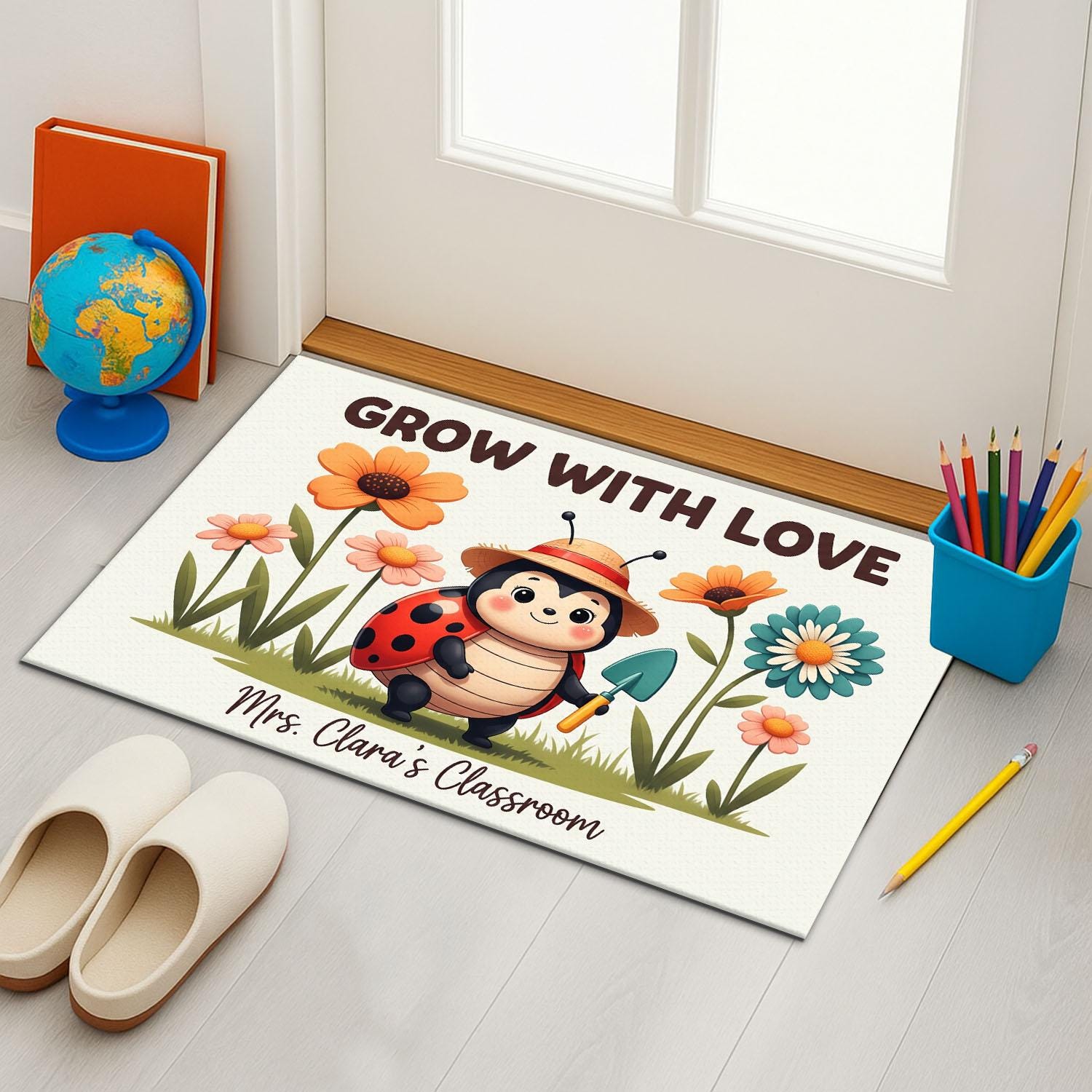 Grow With Love Classroom Doormat, Cute Ladybug Teacher Rug, Personalized School Mat, Flower Garden Door Decor, Teacher Gift Idea