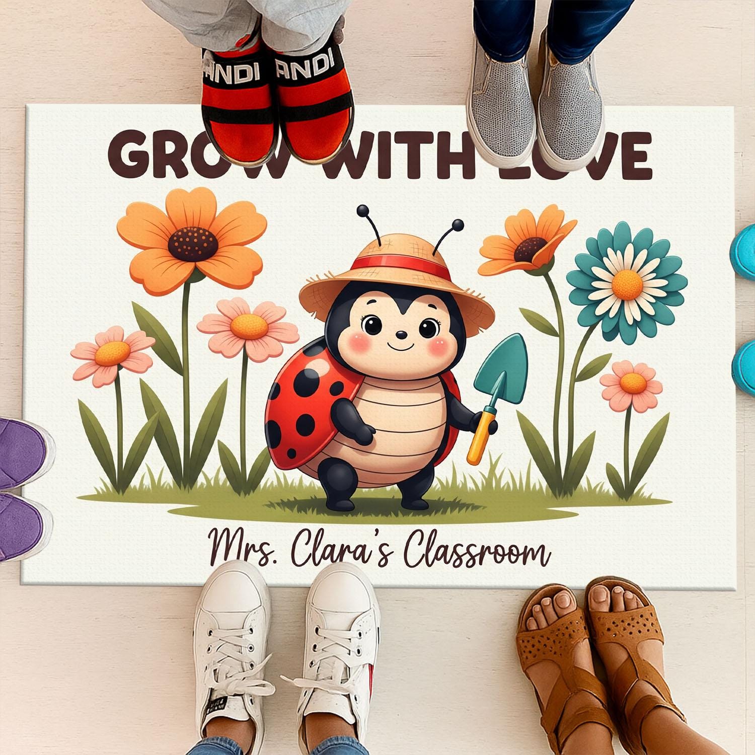 Grow With Love Classroom Doormat, Cute Ladybug Teacher Rug, Personalized School Mat, Flower Garden Door Decor, Teacher Gift Idea