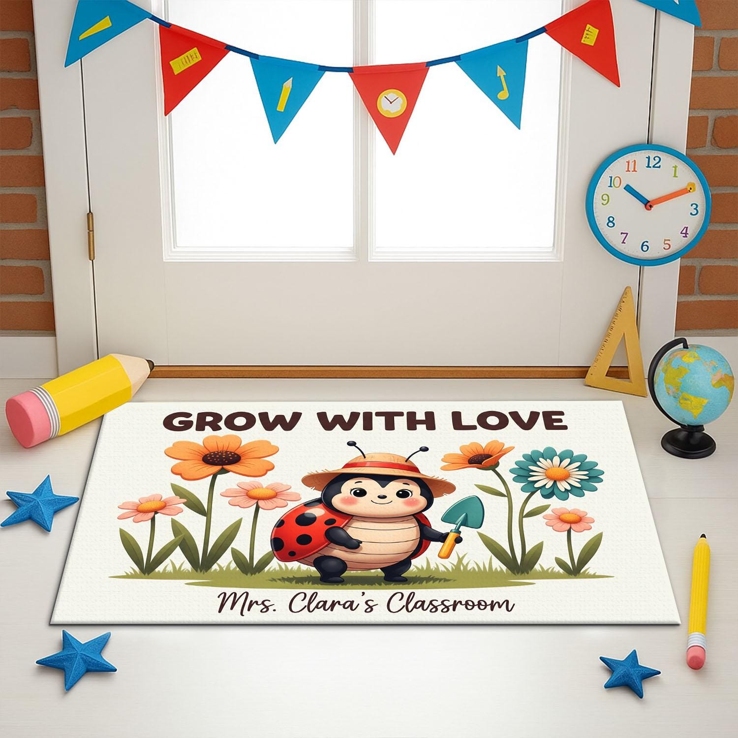 Grow With Love Classroom Doormat, Cute Ladybug Teacher Rug, Personalized School Mat, Flower Garden Door Decor, Teacher Gift Idea