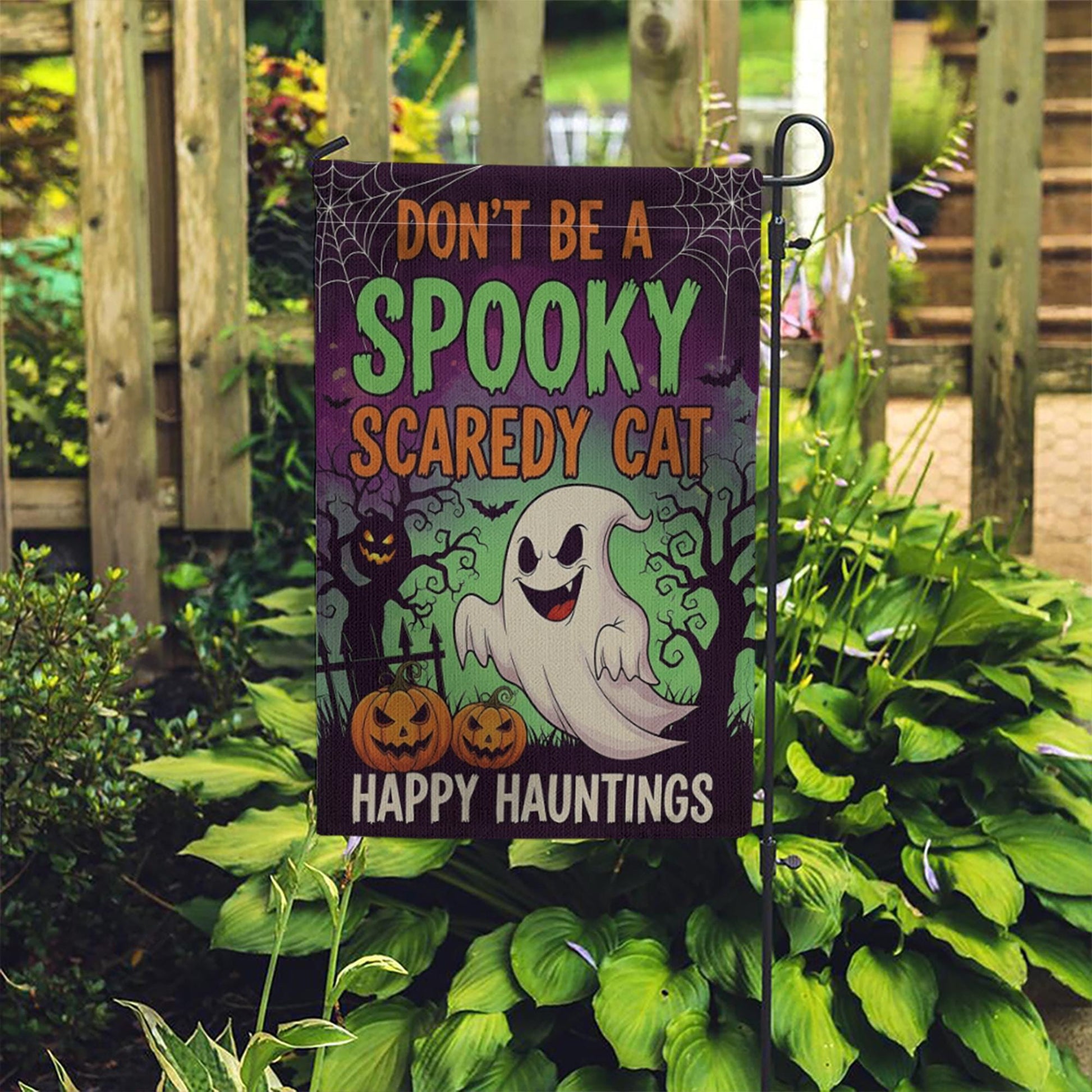 Don't Be a Spooky Scaredy Cat Garden Flag – Funny Halloween Ghost Yard Decor, Trick or Treat Outdoor Sign, Happy Hauntings Banner
