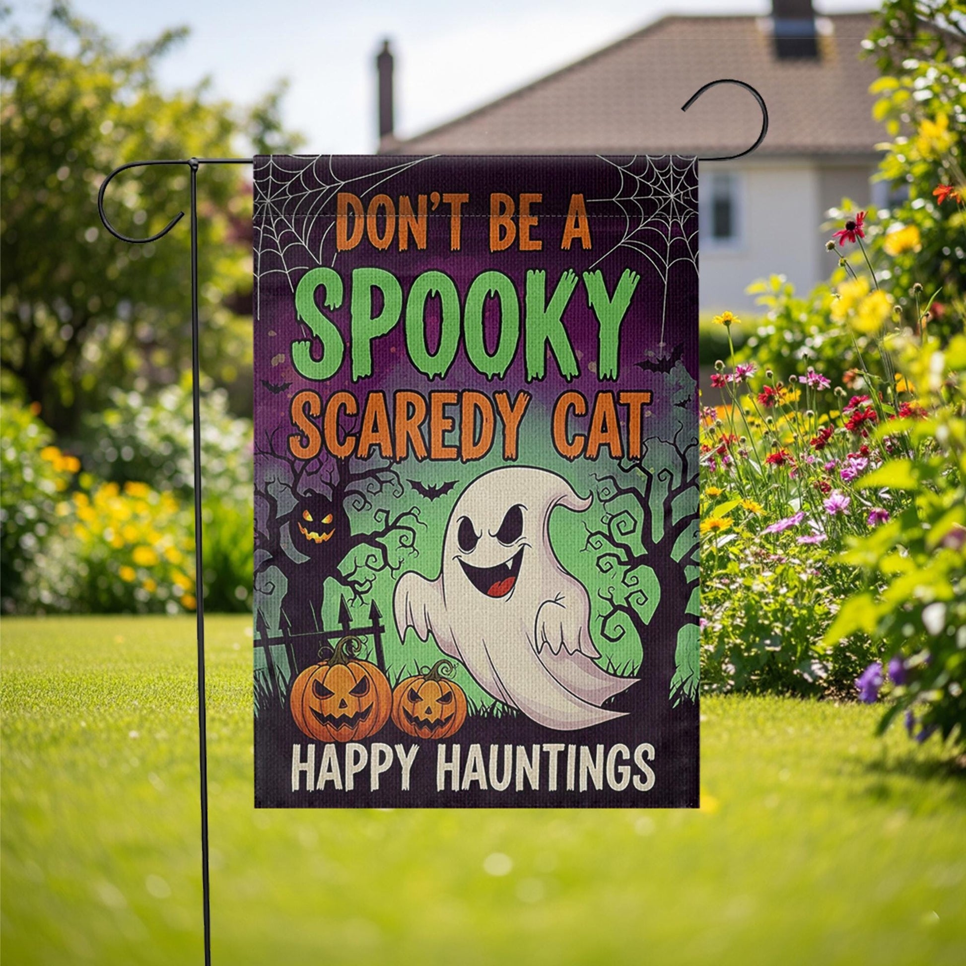 Don't Be a Spooky Scaredy Cat Garden Flag – Funny Halloween Ghost Yard Decor, Trick or Treat Outdoor Sign, Happy Hauntings Banner