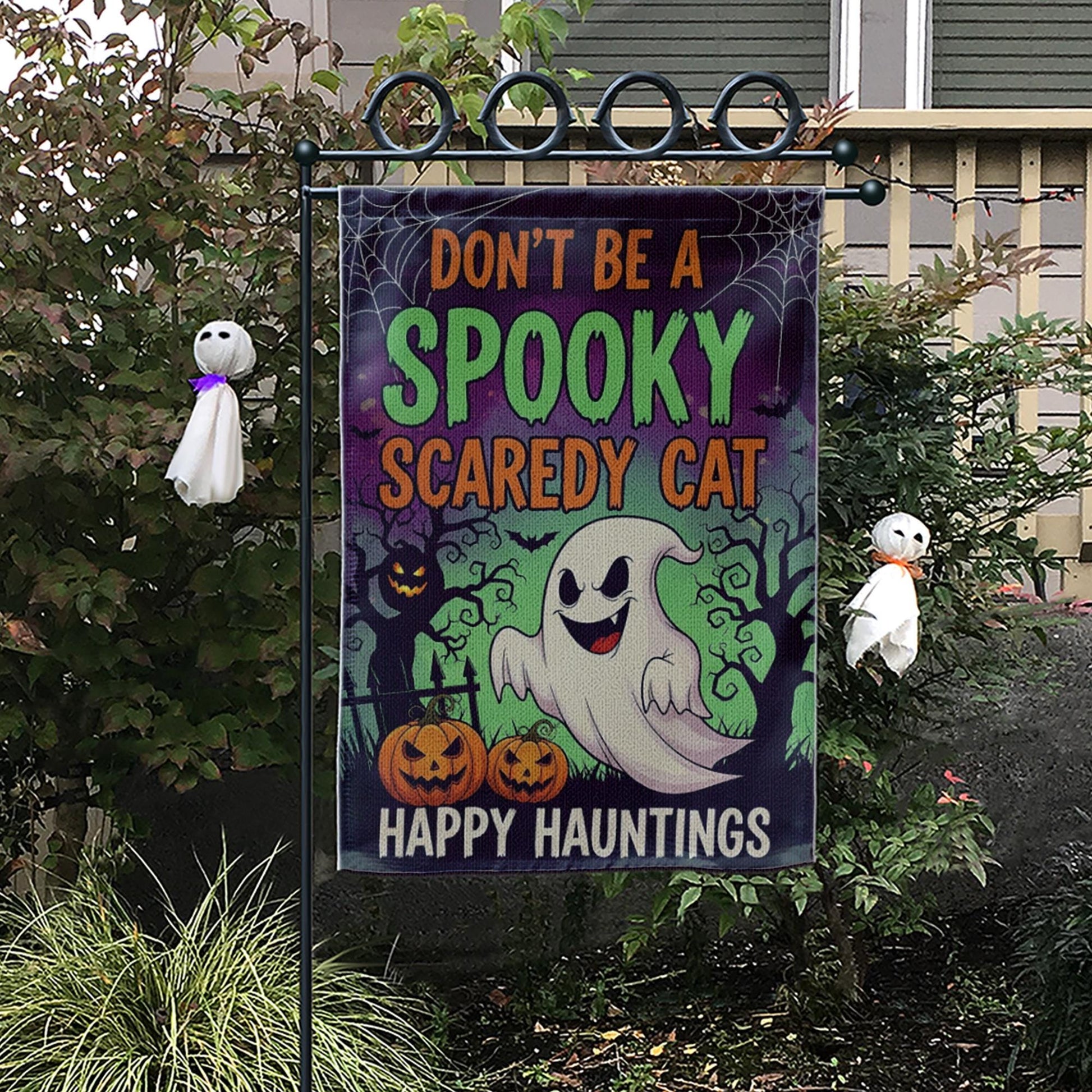 Don't Be a Spooky Scaredy Cat Garden Flag – Funny Halloween Ghost Yard Decor, Trick or Treat Outdoor Sign, Happy Hauntings Banner