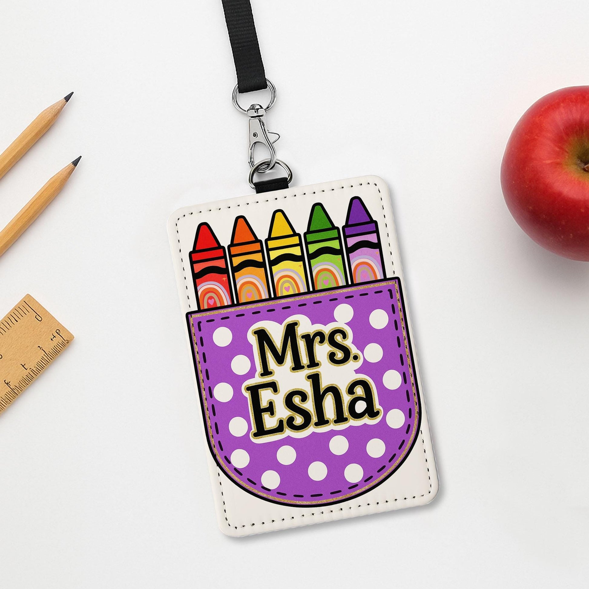 Personalized Teacher Badge Holder, Crayon Leather ID Tag, Custom Name Lanyard, Back to School Gift, Cute Classroom Accessory