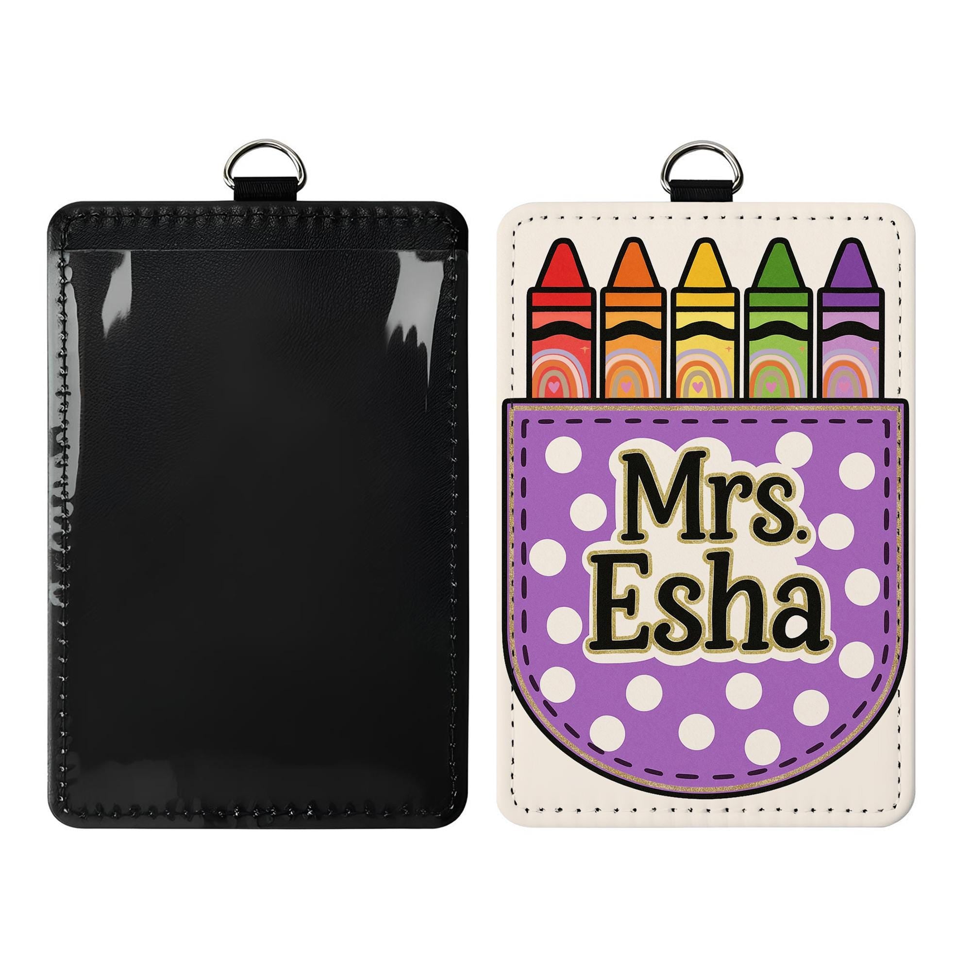 Personalized Teacher Badge Holder, Crayon Leather ID Tag, Custom Name Lanyard, Back to School Gift, Cute Classroom Accessory