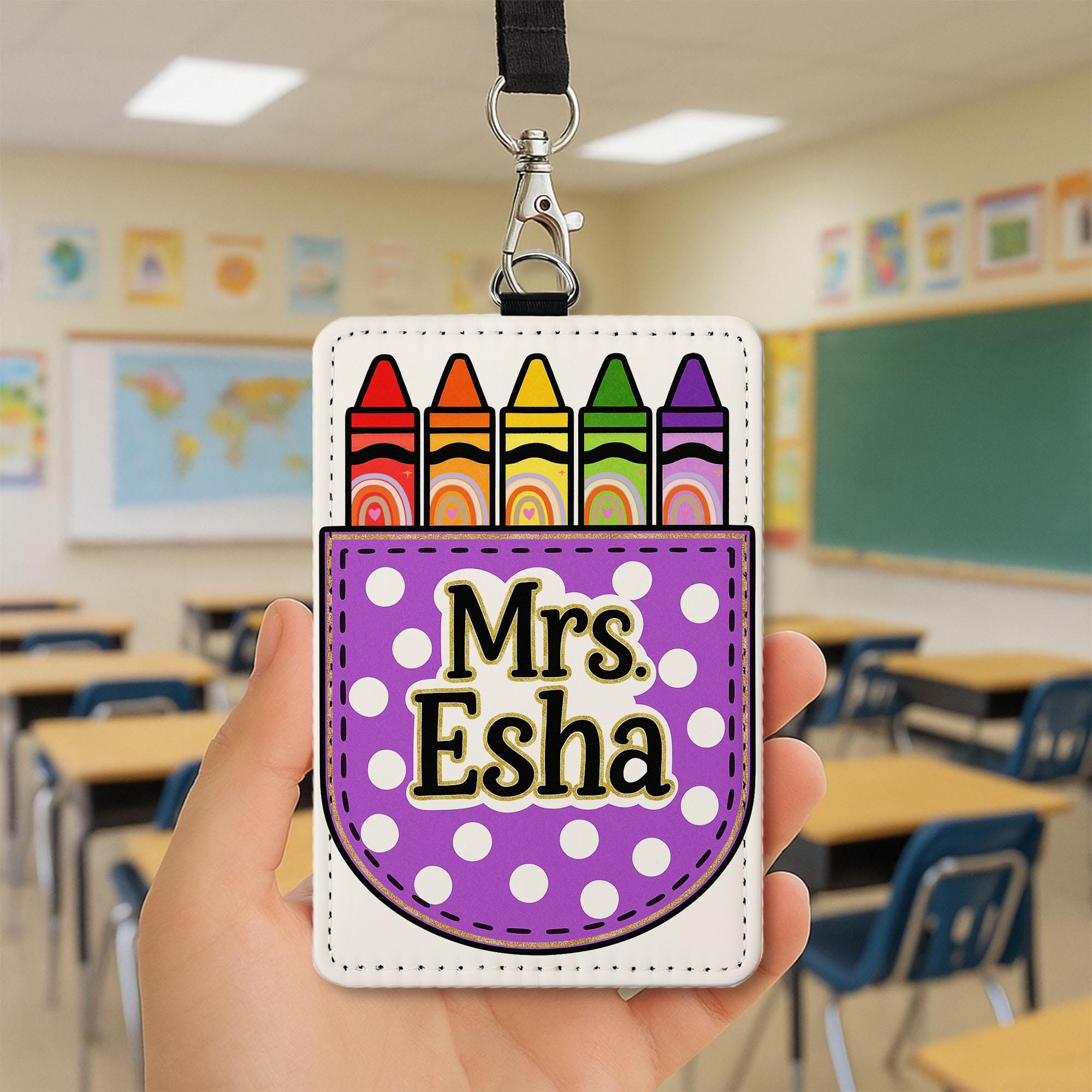 Personalized Teacher Badge Holder, Crayon Leather ID Tag, Custom Name Lanyard, Back to School Gift, Cute Classroom Accessory