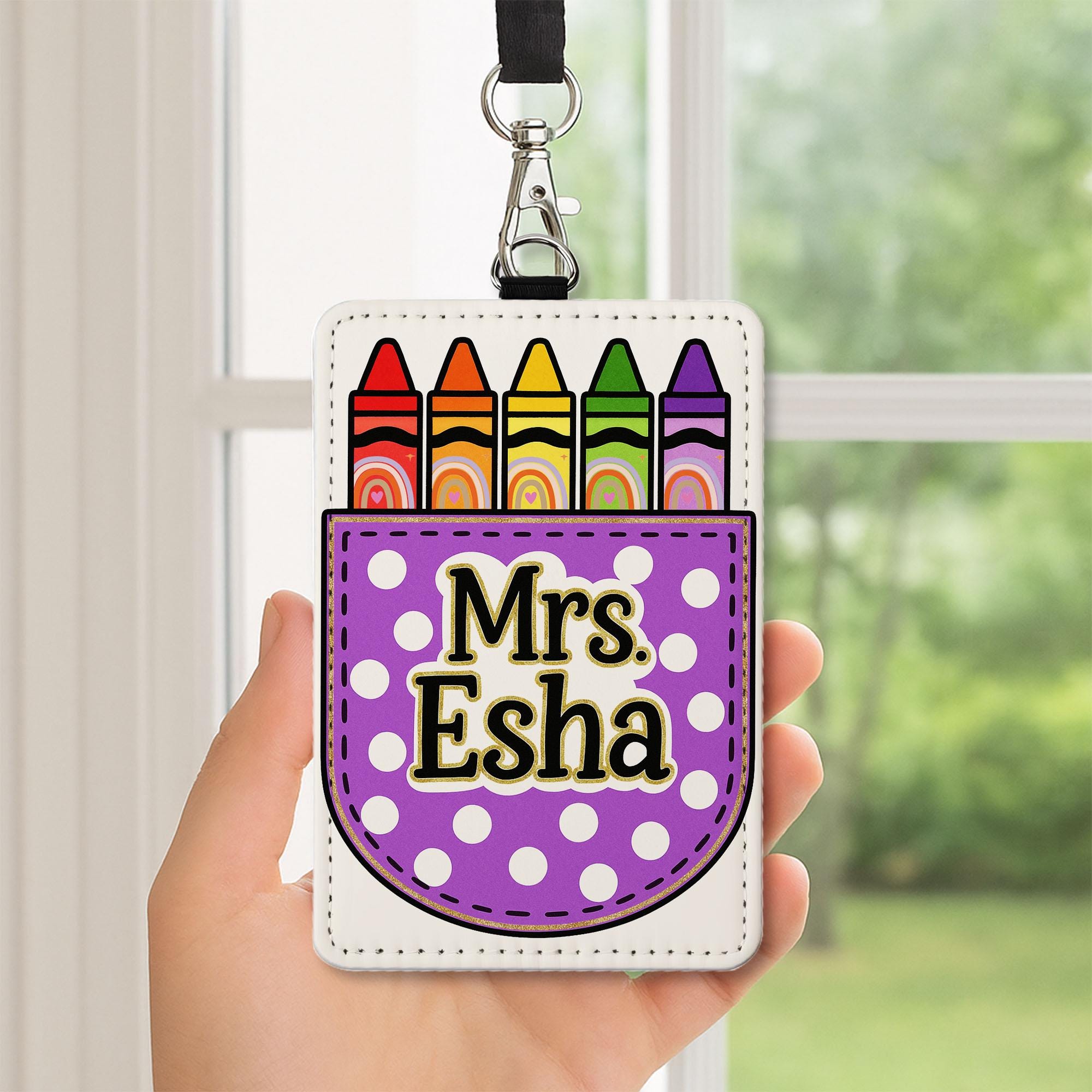 Personalized Teacher Badge Holder, Crayon Leather ID Tag, Custom Name Lanyard, Back to School Gift, Cute Classroom Accessory