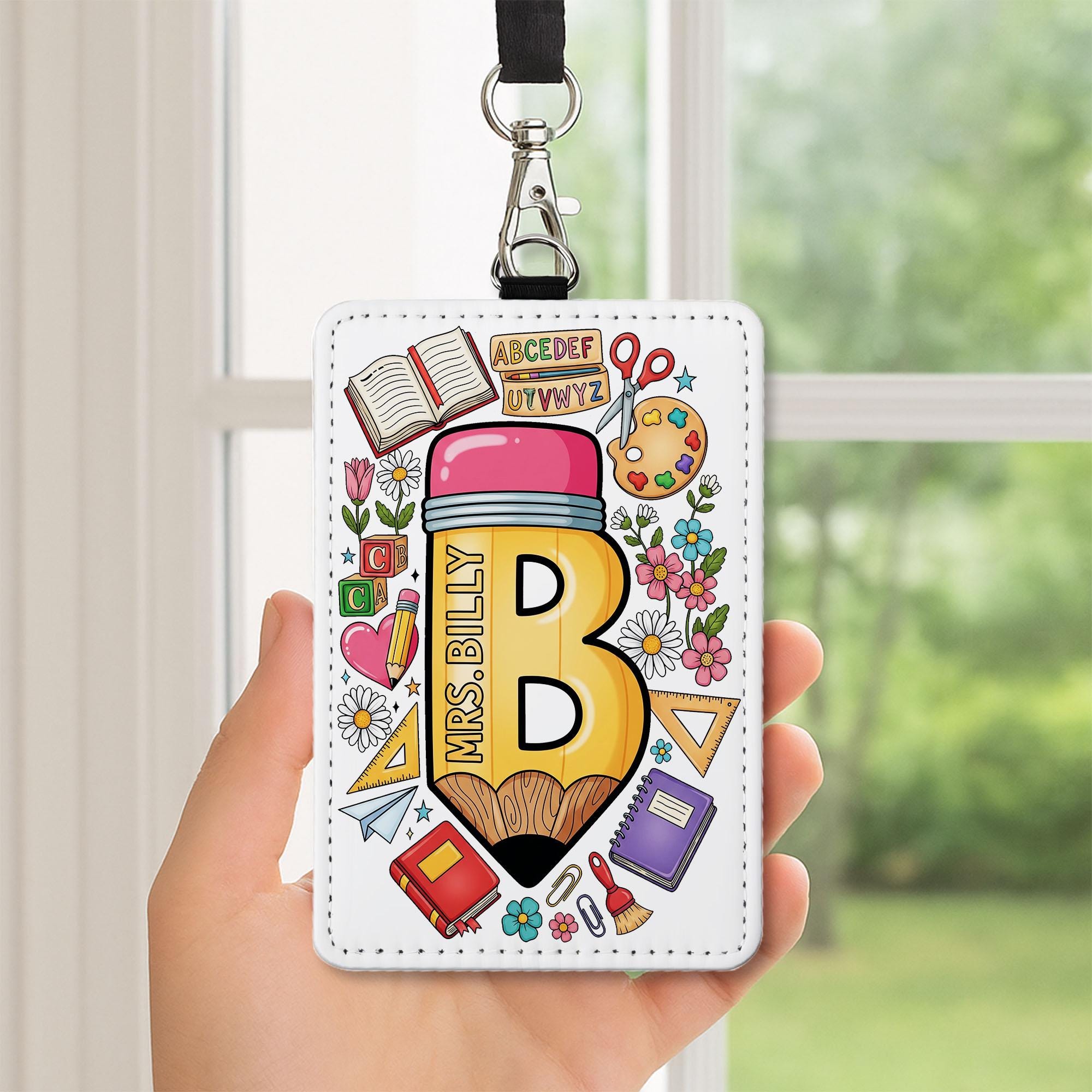 Personalized Teacher Badge Holder, Pencil Leather ID Tag, Custom School Lanyard, Cute Classroom Accessory, Back to School Gift