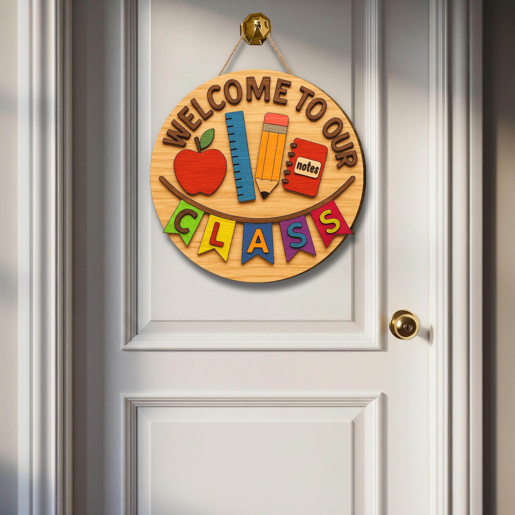 Welcome to Our Class Door Sign, Classroom Decor with Apple Pencil Ruler Design, Back to School Teacher Gift, School Decor, Educators Gift