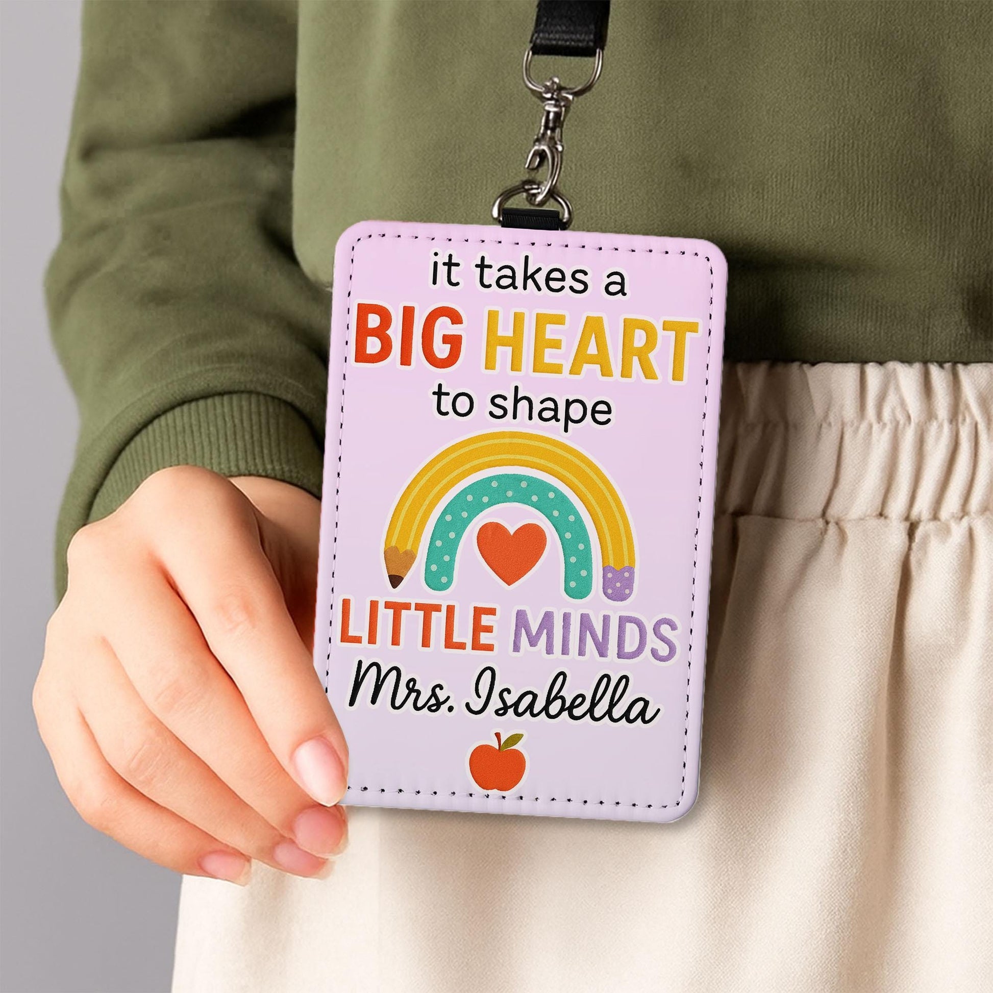 Big Heart Teacher Badge Holder, Personalized Leather ID Tag, Rainbow Classroom Lanyard, Custom Teacher Gift, Back to School