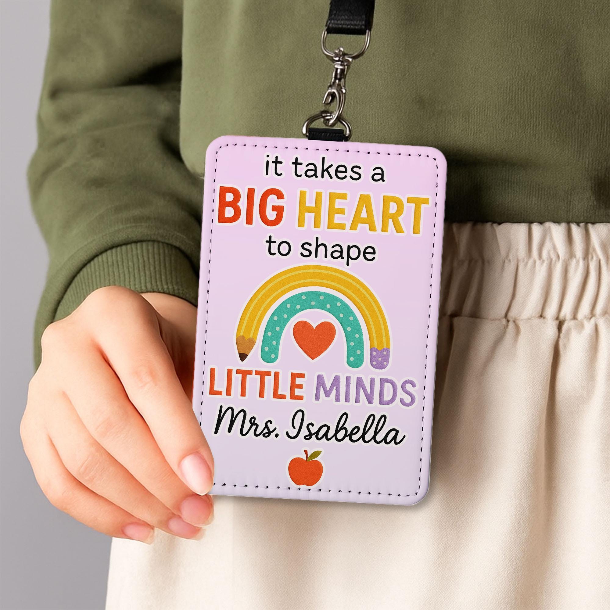 Big Heart Teacher Badge Holder, Personalized Leather ID Tag, Rainbow Classroom Lanyard, Custom Teacher Gift, Back to School