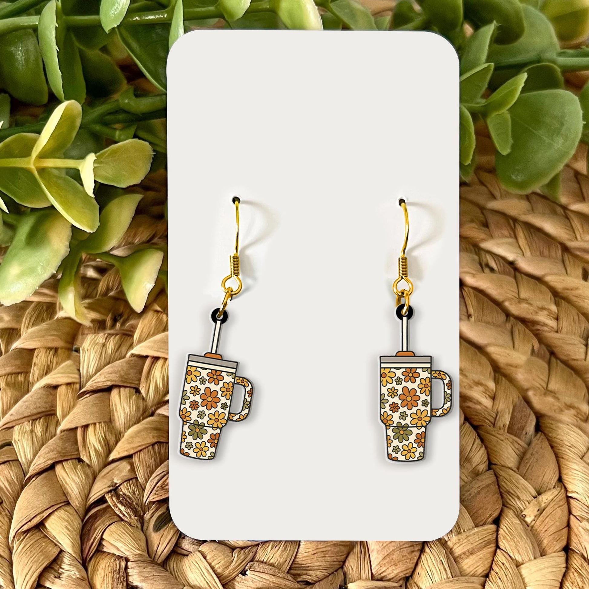 Retro Floral Tumbler Cup Earrings, Cute Tumbler Dangle Earring for Coffee Lovers, Groovy Drinkware Jewelry Gift for Her, Back To School Gift