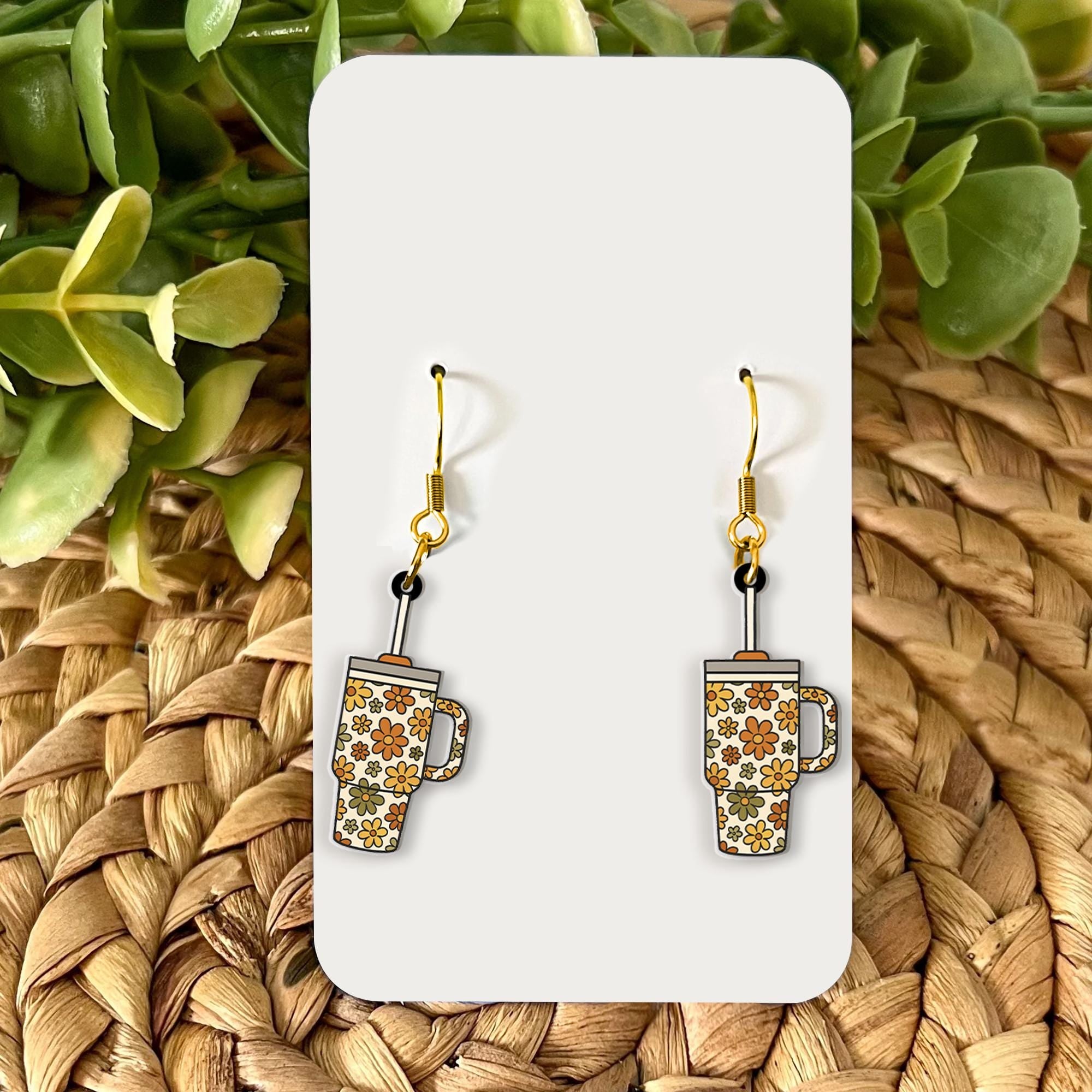 Retro Floral Tumbler Cup Earrings, Cute Tumbler Dangle Earring for Coffee Lovers, Groovy Drinkware Jewelry Gift for Her, Back To School Gift