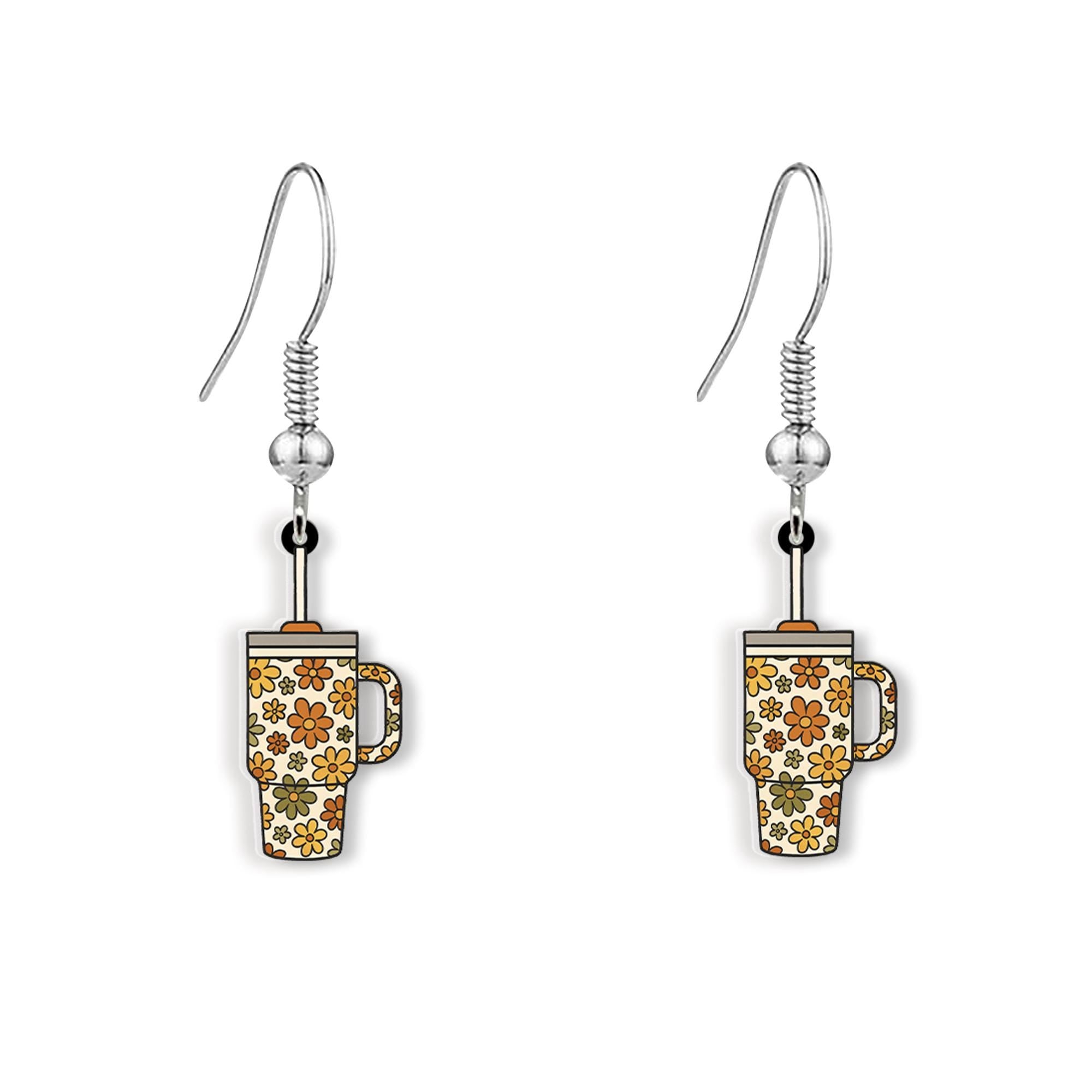 Retro Floral Tumbler Cup Earrings, Cute Tumbler Dangle Earring for Coffee Lovers, Groovy Drinkware Jewelry Gift for Her, Back To School Gift