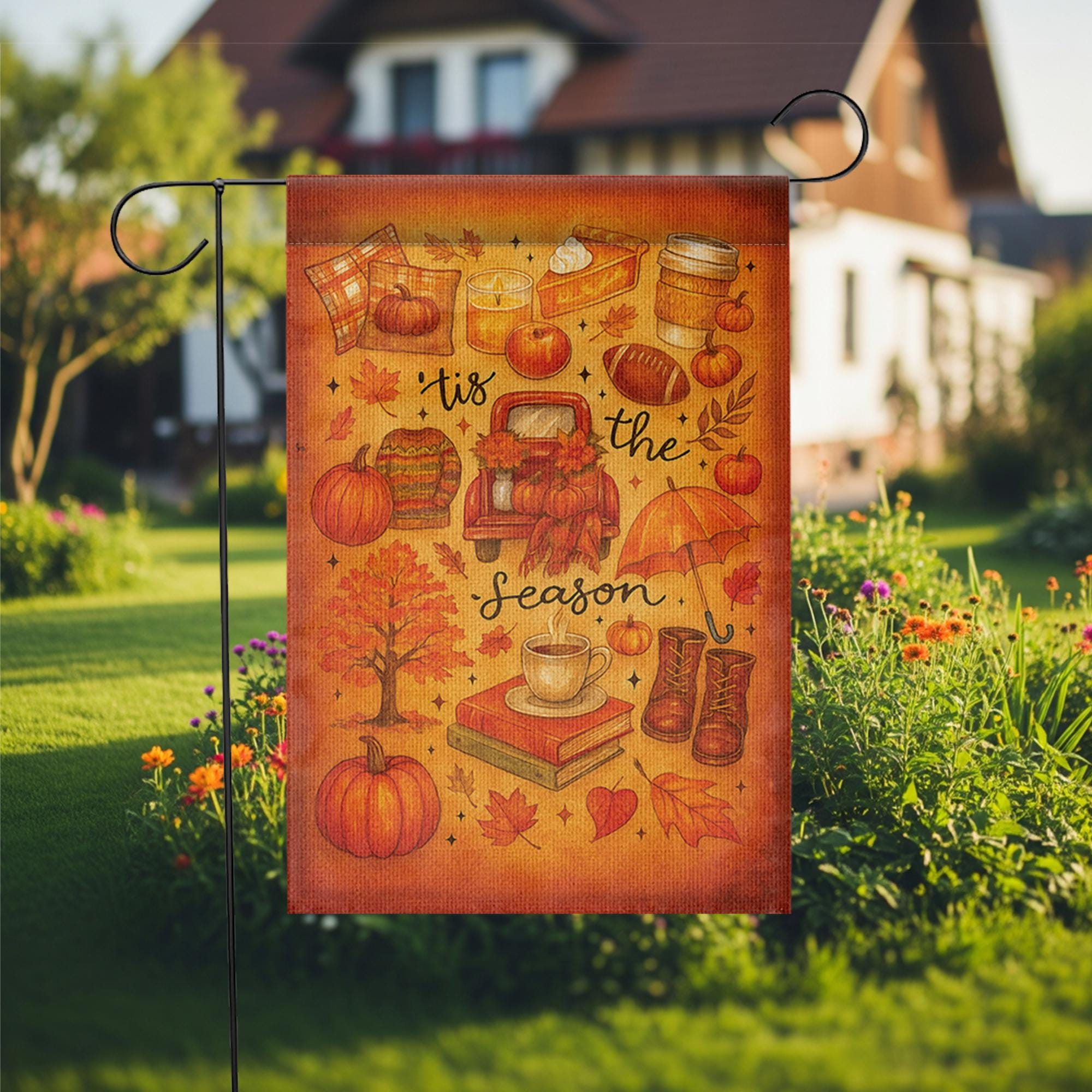 Tis the Season Fall Garden Flag, Cozy Autumn Yard Decor, Pumpkin Pie Coffee Porch Sign, Seasonal Outdoor Flag for Front Lawn