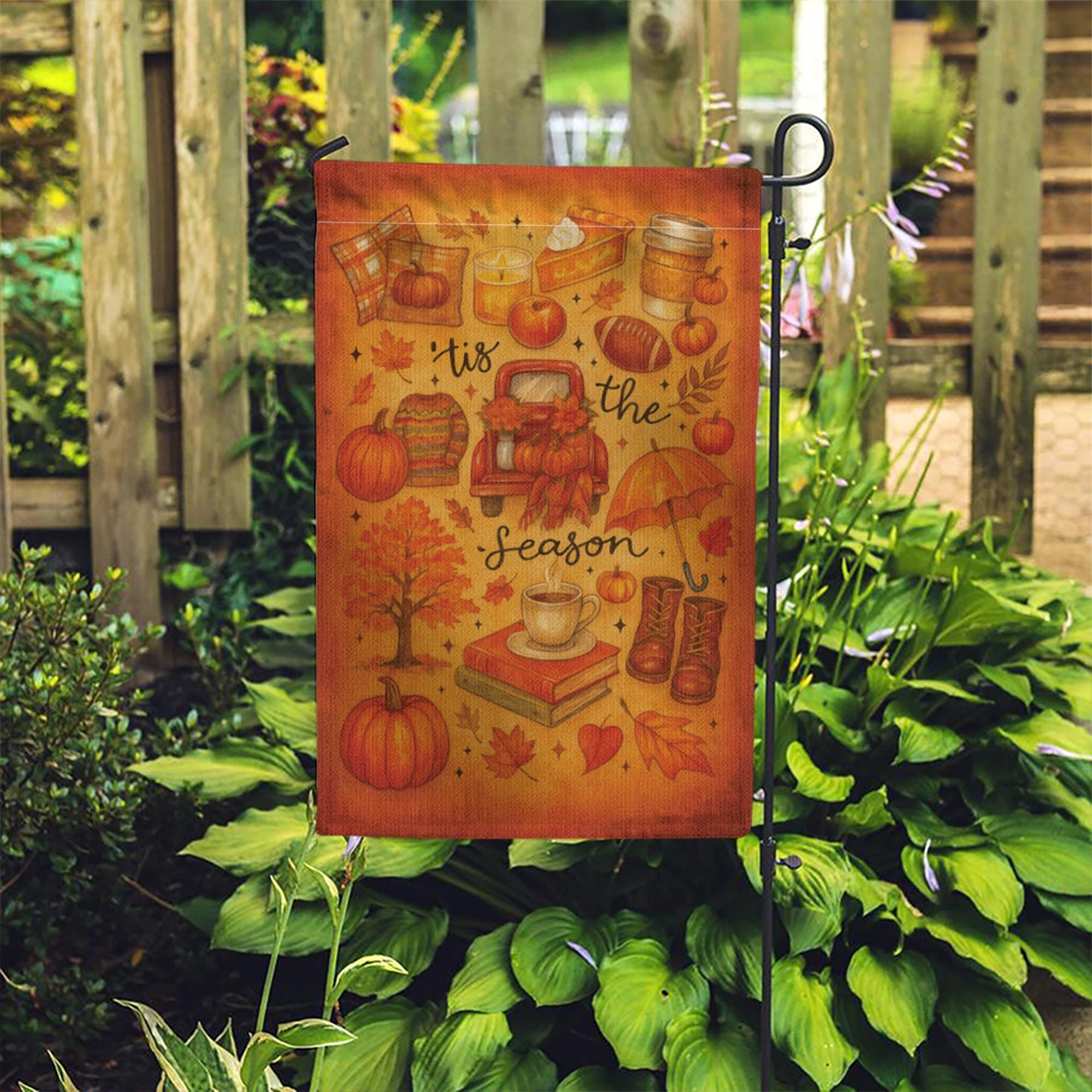 Tis the Season Fall Garden Flag, Cozy Autumn Yard Decor, Pumpkin Pie Coffee Porch Sign, Seasonal Outdoor Flag for Front Lawn
