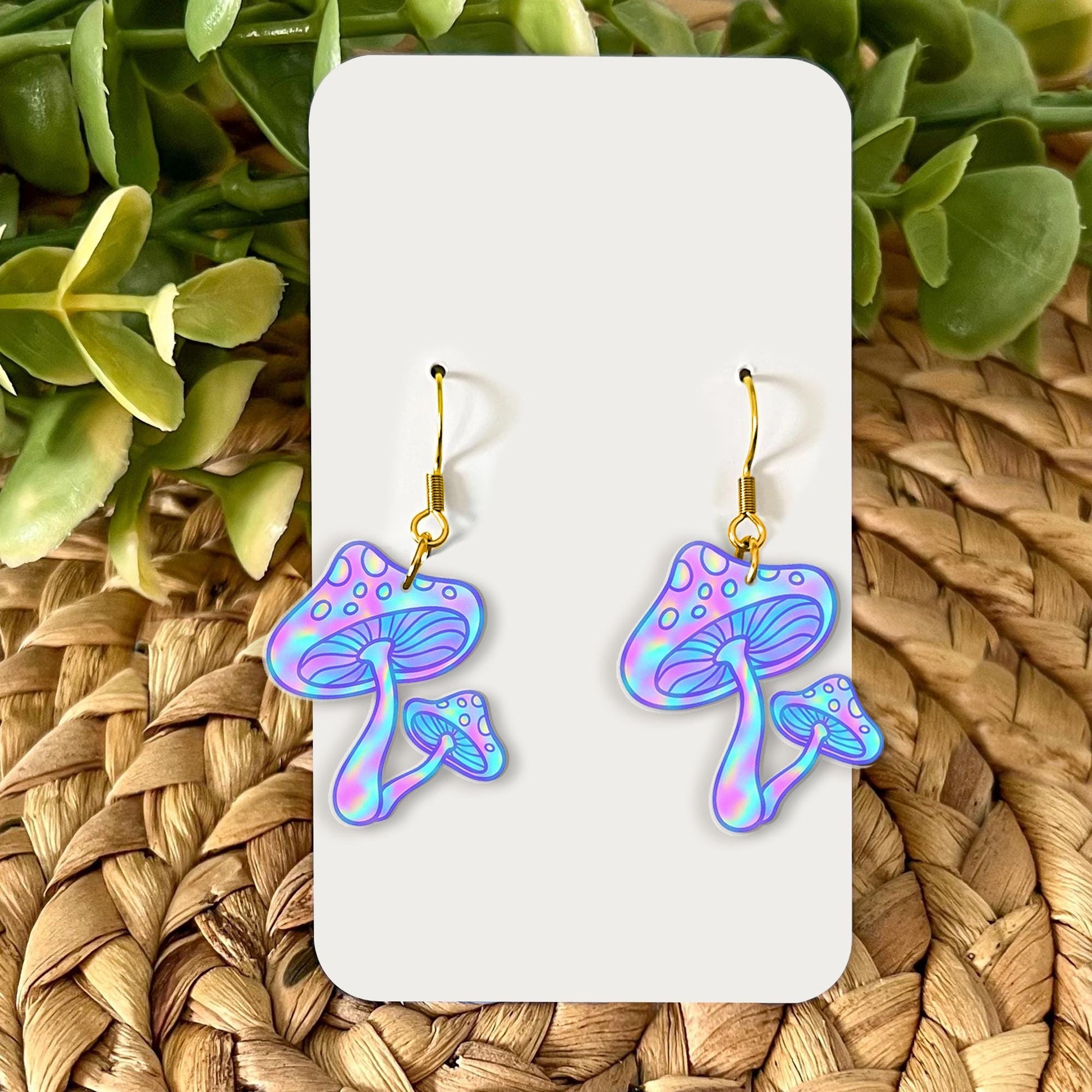 Holographic Mushroom Earrings, Trippy Pastel Toadstool Dangle Earrings, Psychedelic Fairycore Jewelry, Cottagecore Gift for Her, Funky Gift
