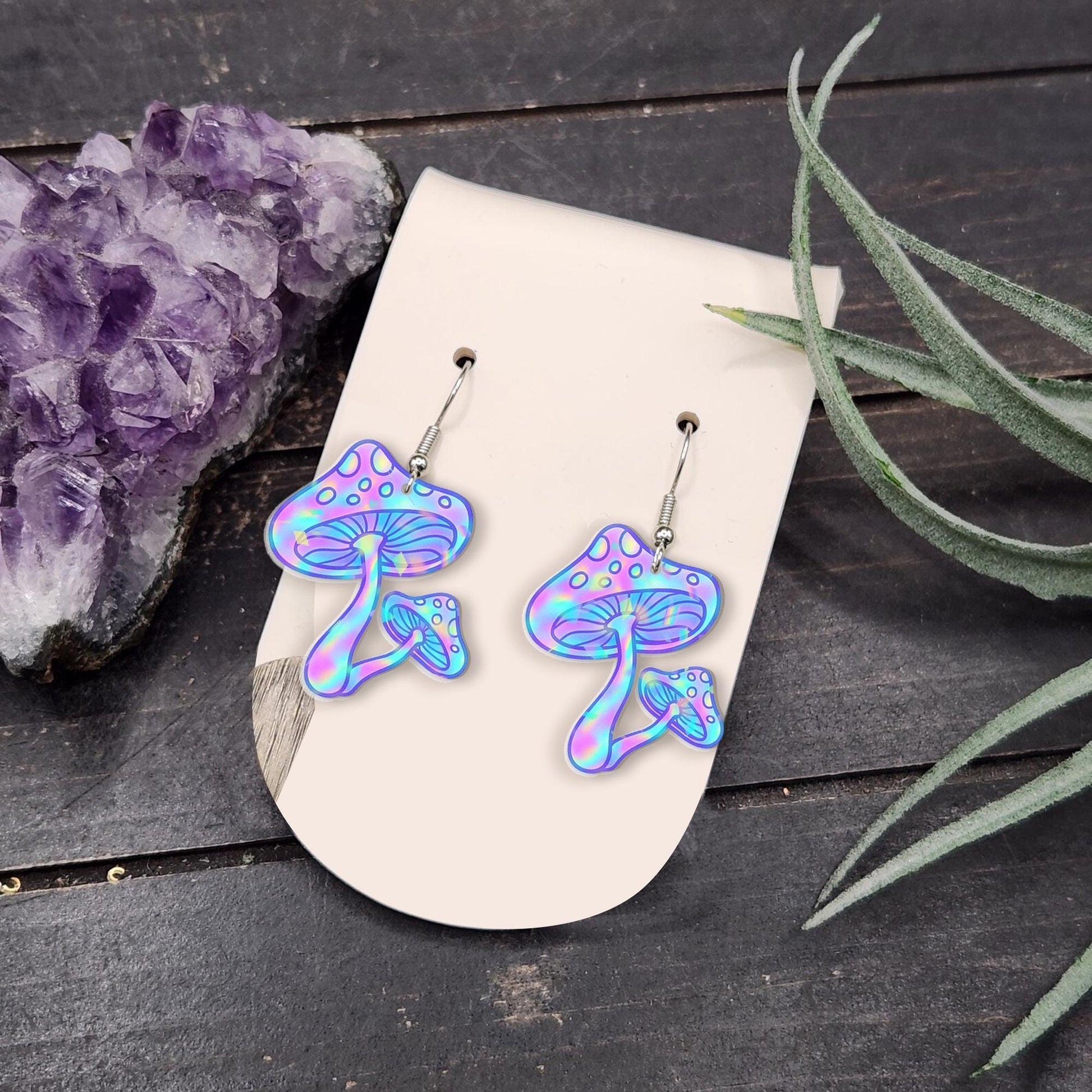 Holographic Mushroom Earrings, Trippy Pastel Toadstool Dangle Earrings, Psychedelic Fairycore Jewelry, Cottagecore Gift for Her, Funky Gift