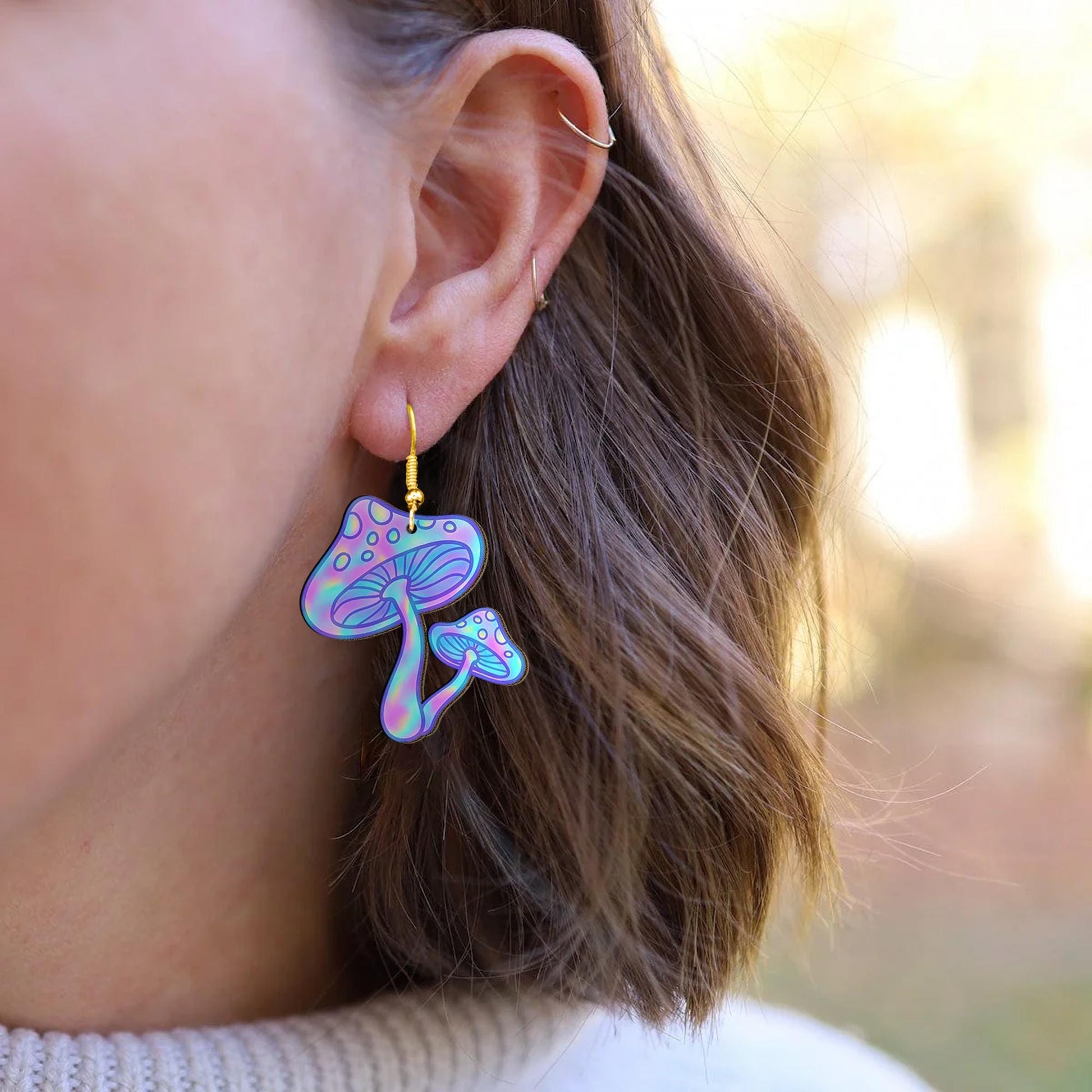 Holographic Mushroom Earrings, Trippy Pastel Toadstool Dangle Earrings, Psychedelic Fairycore Jewelry, Cottagecore Gift for Her, Funky Gift