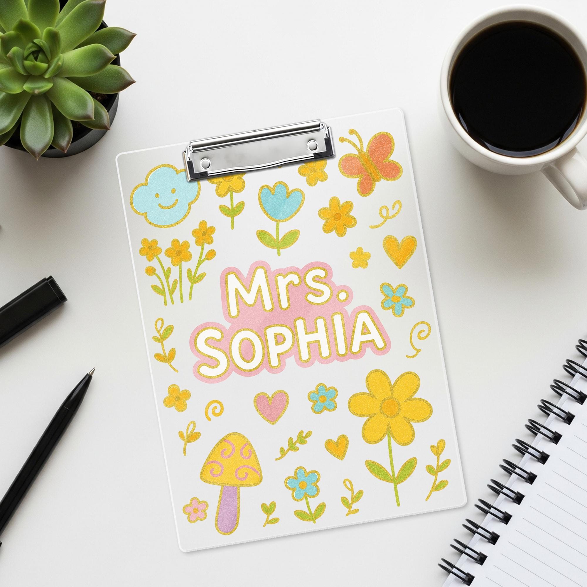 Custom Teacher Clipboard with Name, Cute Pastel Floral School Supply, Personalized Classroom Gift for Educators, Boho Teacher Decor