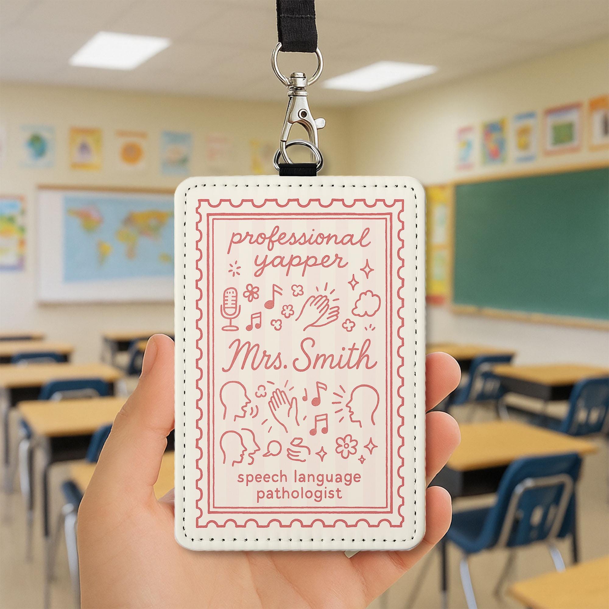 SLP Badge Holder, Professional Yapper ID Tag, Personalized Leather Badge Reel, Speech Pathologist Gift, Custom Work Lanyard