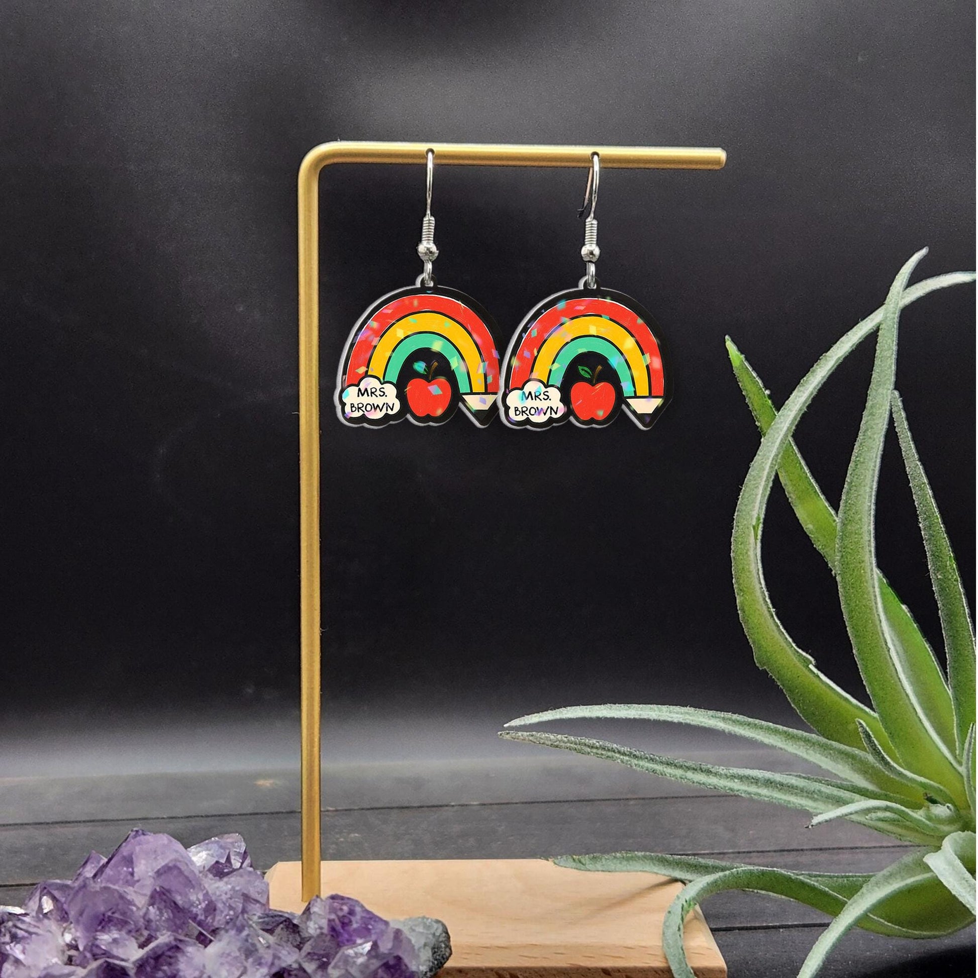 Custom Teacher Rainbow Earrings, Personalized Apple Pencil Dangle Earrings, Cute Back to School Jewelry Gift for Teachers, Educators, Staffs