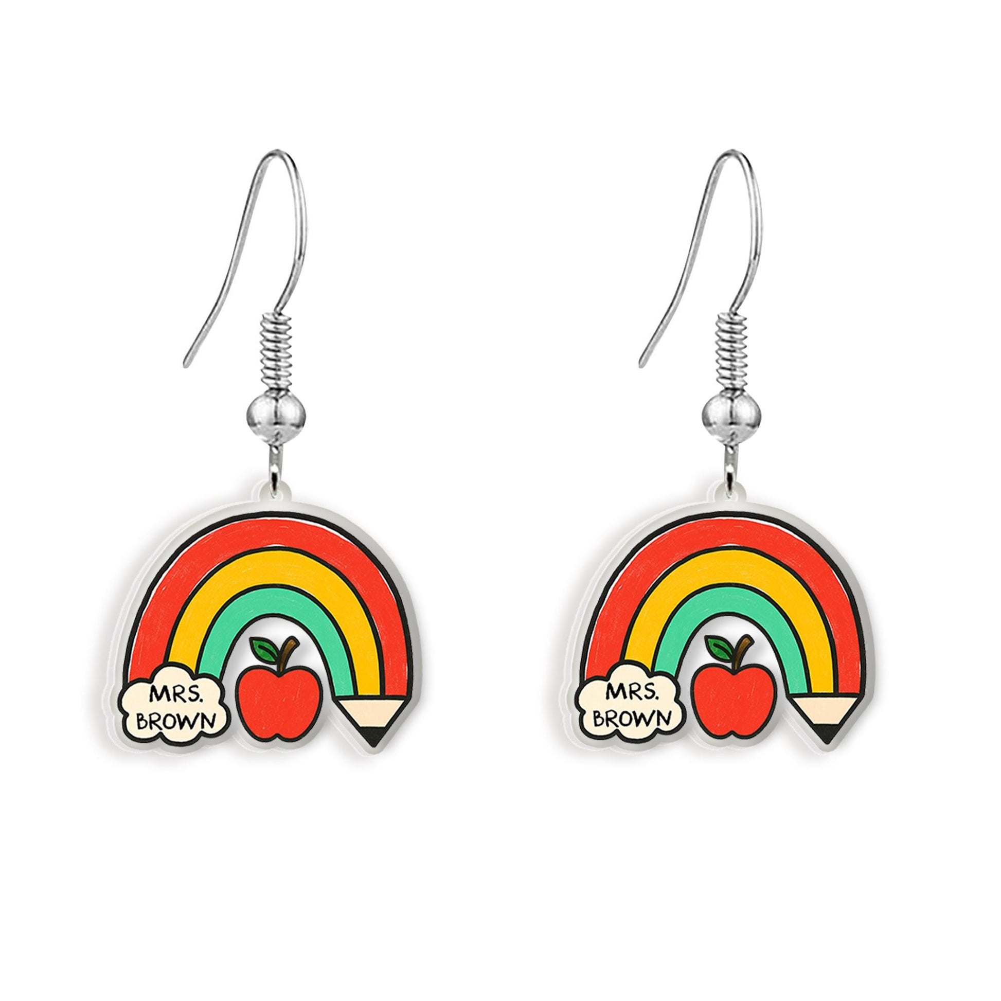 Custom Teacher Rainbow Earrings, Personalized Apple Pencil Dangle Earrings, Cute Back to School Jewelry Gift for Teachers, Educators, Staffs