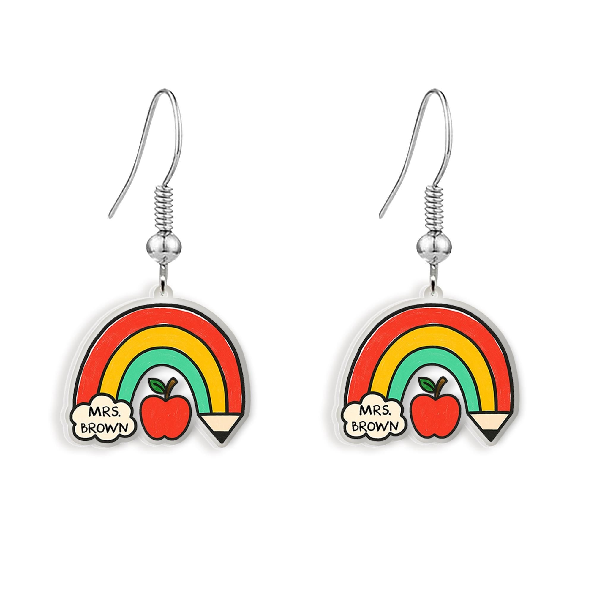 Custom Teacher Rainbow Earrings, Personalized Apple Pencil Dangle Earrings, Cute Back to School Jewelry Gift for Teachers, Educators, Staffs
